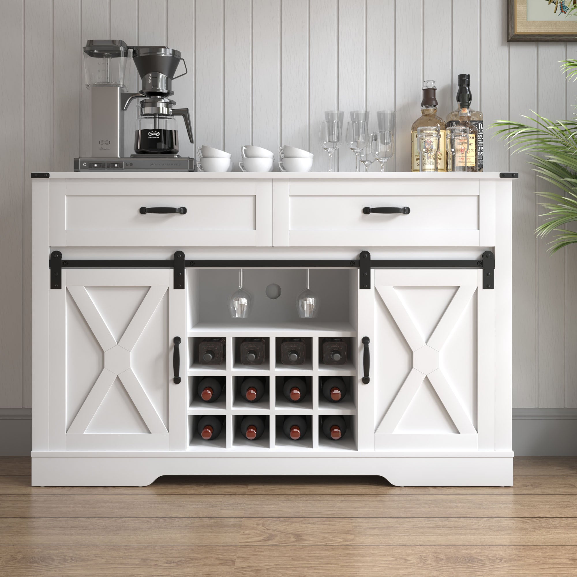 Farmhouse Storage Sideboard Buffet Coffee Bar Cabinet with Sliding Barn Door, 3 Drawers, Wine and Glass Rack  - White