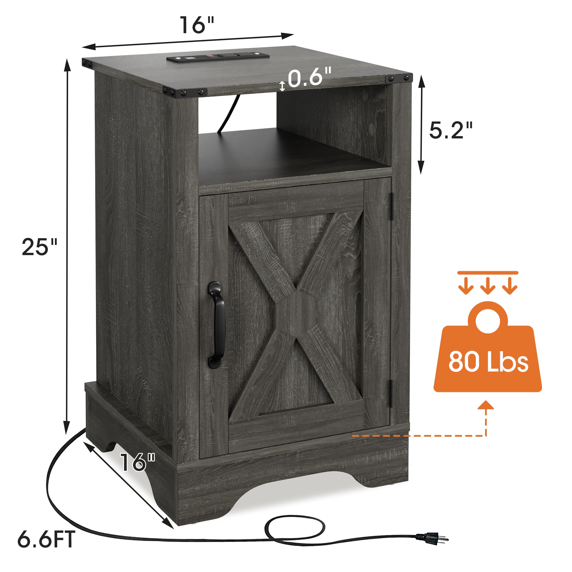 Farmhouse Nightstand Side Table, Wooden Rustic End Table, Tall Bedside Table with Electrical Outlets Charging Station - Dark Gray