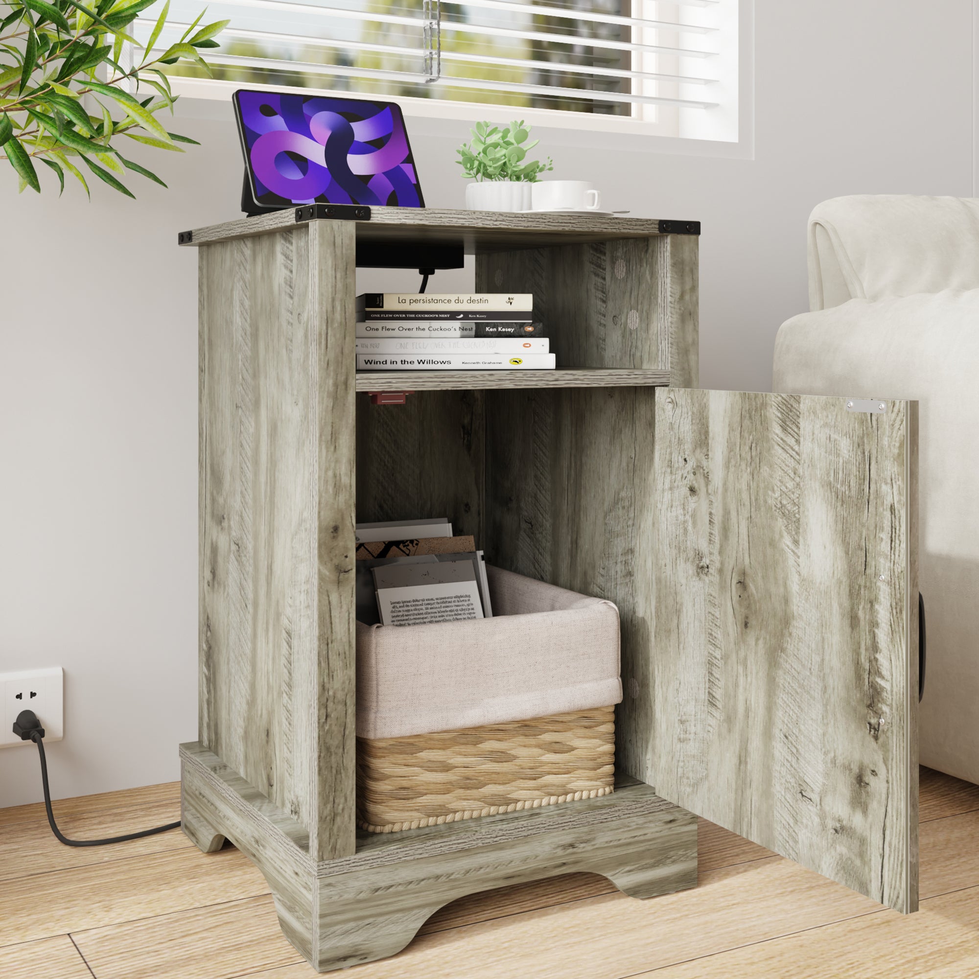 Farmhouse Nightstand Side Table, Wooden Rustic End Table, Tall Bedside Table with Electrical Outlets Charging Station  - Light Grey