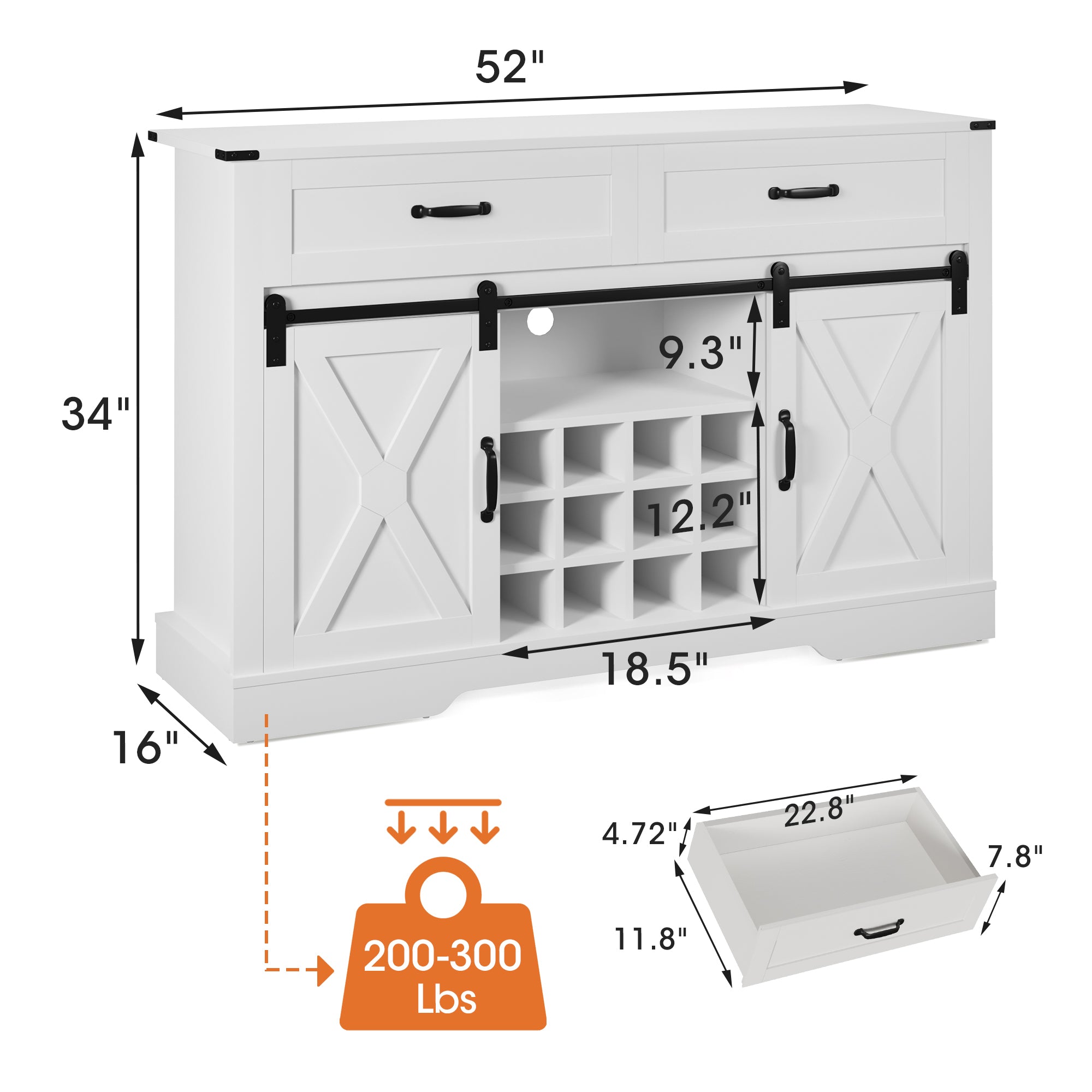 Farmhouse Storage Sideboard Buffet Coffee Bar Cabinet with Sliding Barn Door, 3 Drawers, Wine and Glass Rack  - White