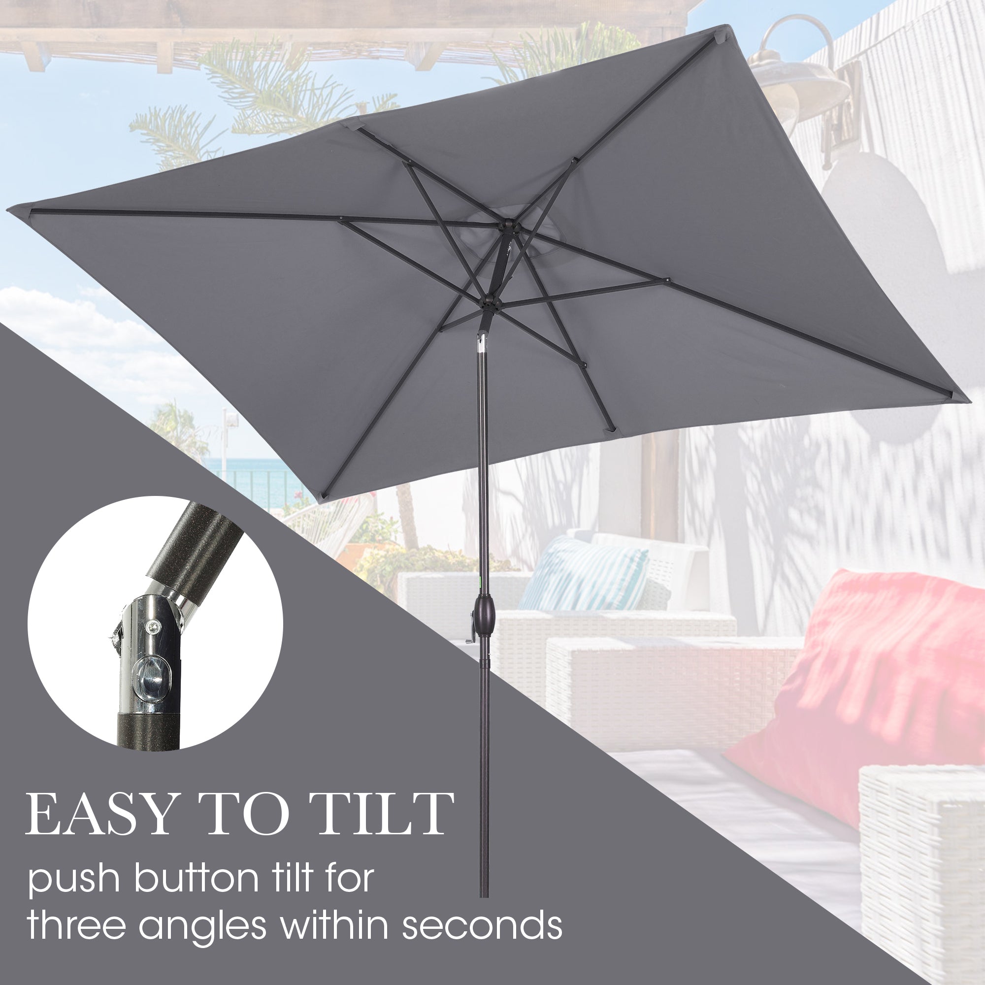 6.5ft * 10ft Rectangular Patio Umbrella with Push Button Tilt & Crank, Outdoor Table Market Umbrella with Aluminum Pole - Grey