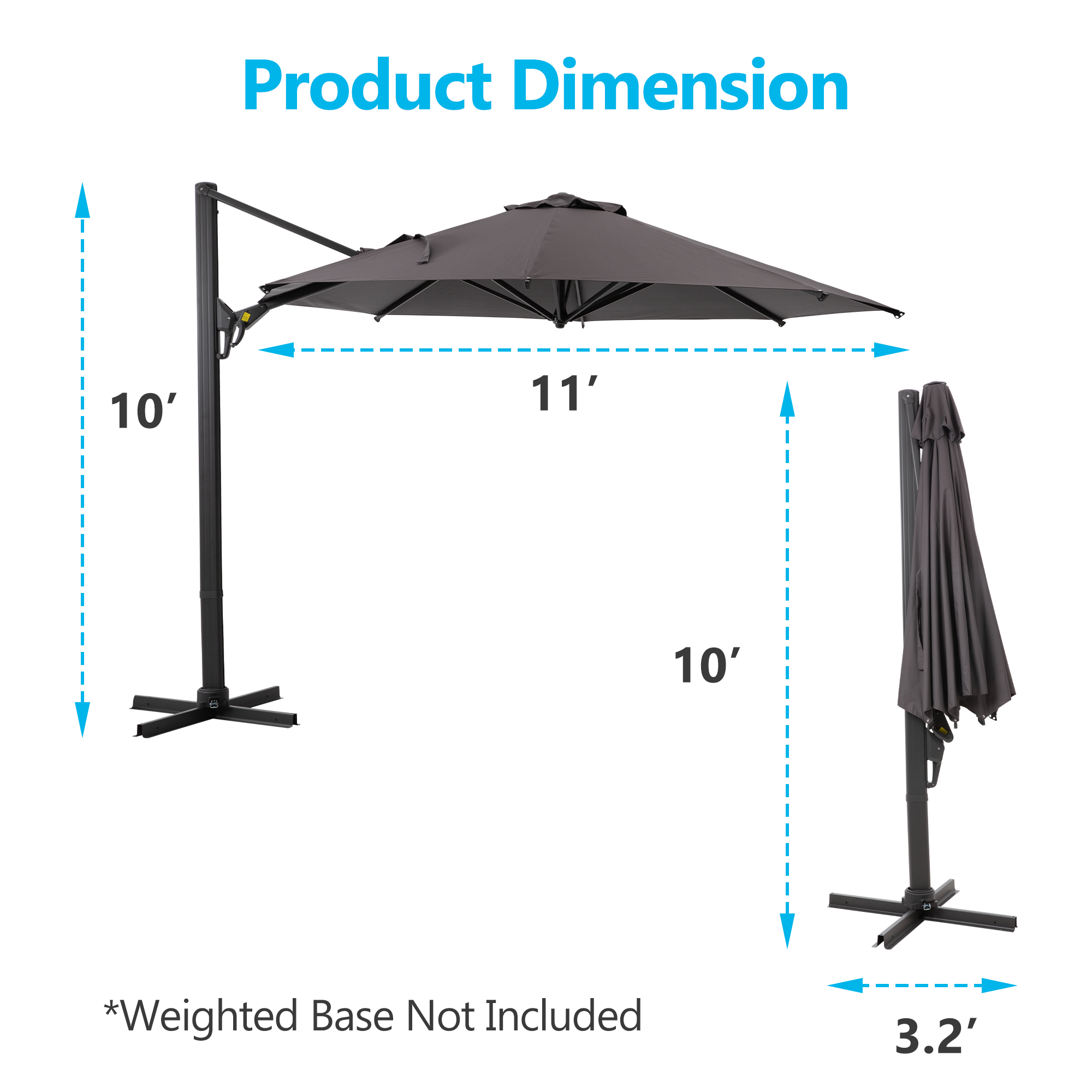 11 FT Cantilever Patio Umbrella, Round Outdoor Offset Umbrella with 360° Rotation & Tilt Adjustment without Base - Grey