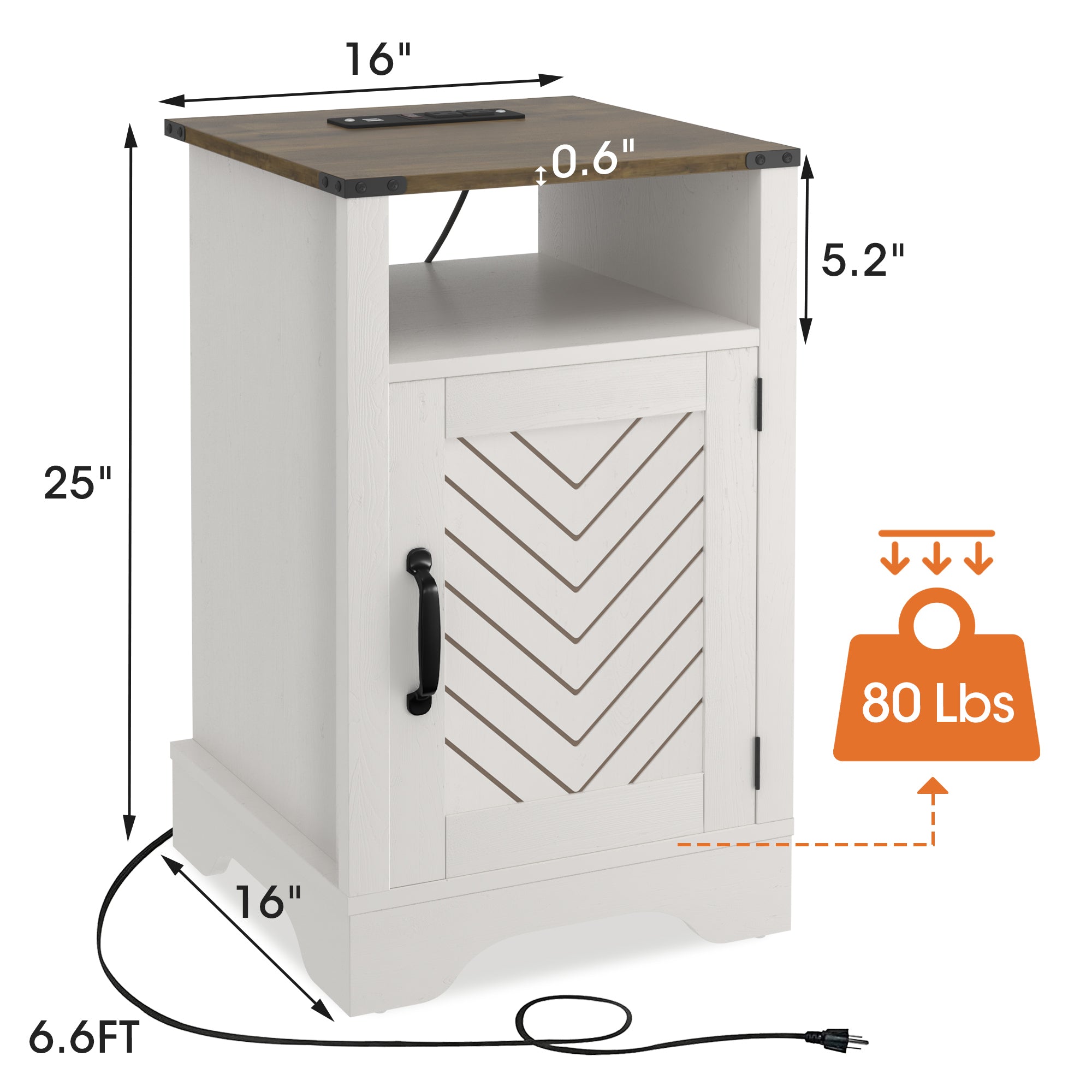 Farmhouse Nightstand Side Table, Wooden Rustic End Table, Tall Bedside Table with Electrical Outlets Charging Station  - White & Oak