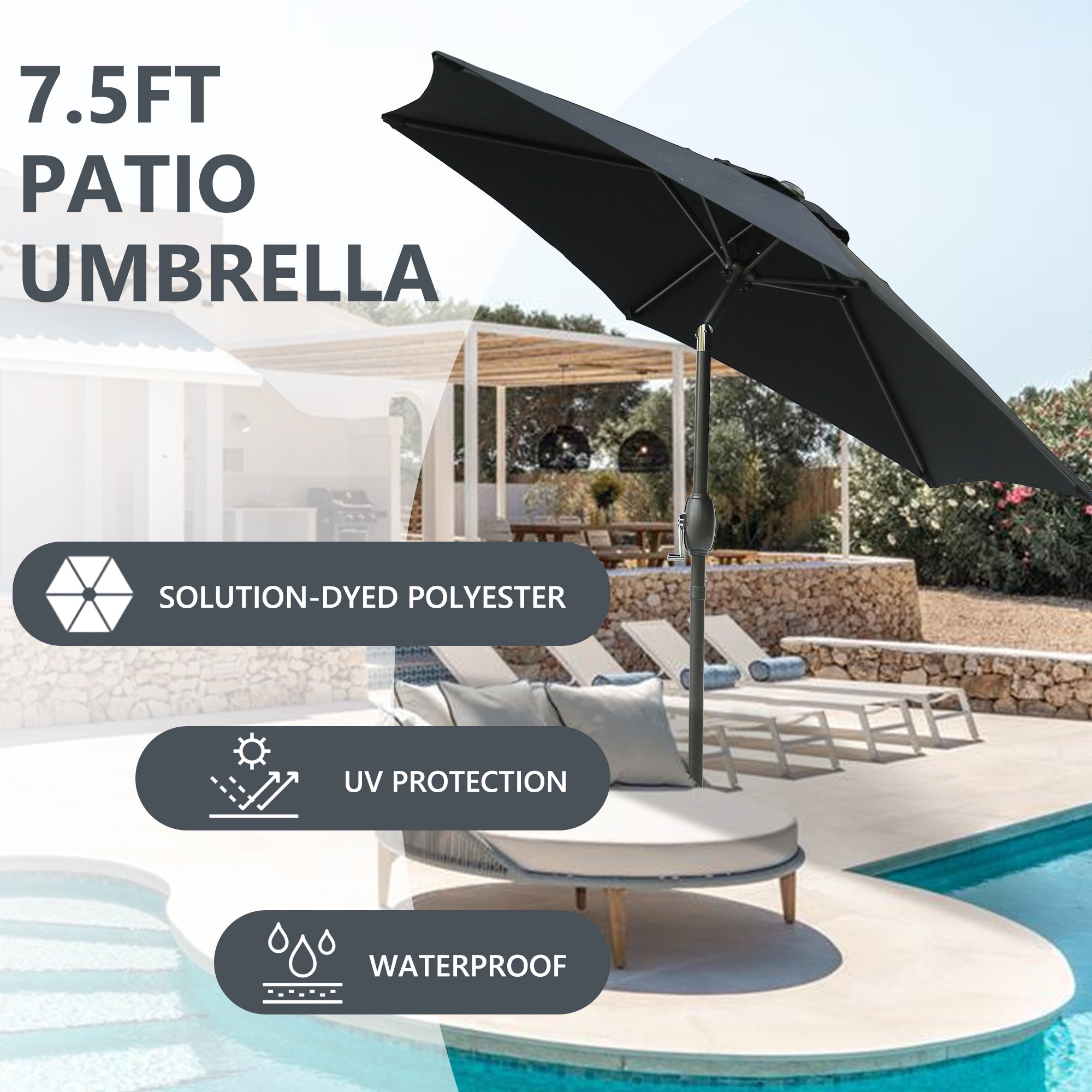 7.5ft * 7.5ft Patio Umbrella with Crank and Push Button Tilt, Outdoor Table Market Umbrella with Aluminum Pole - Black