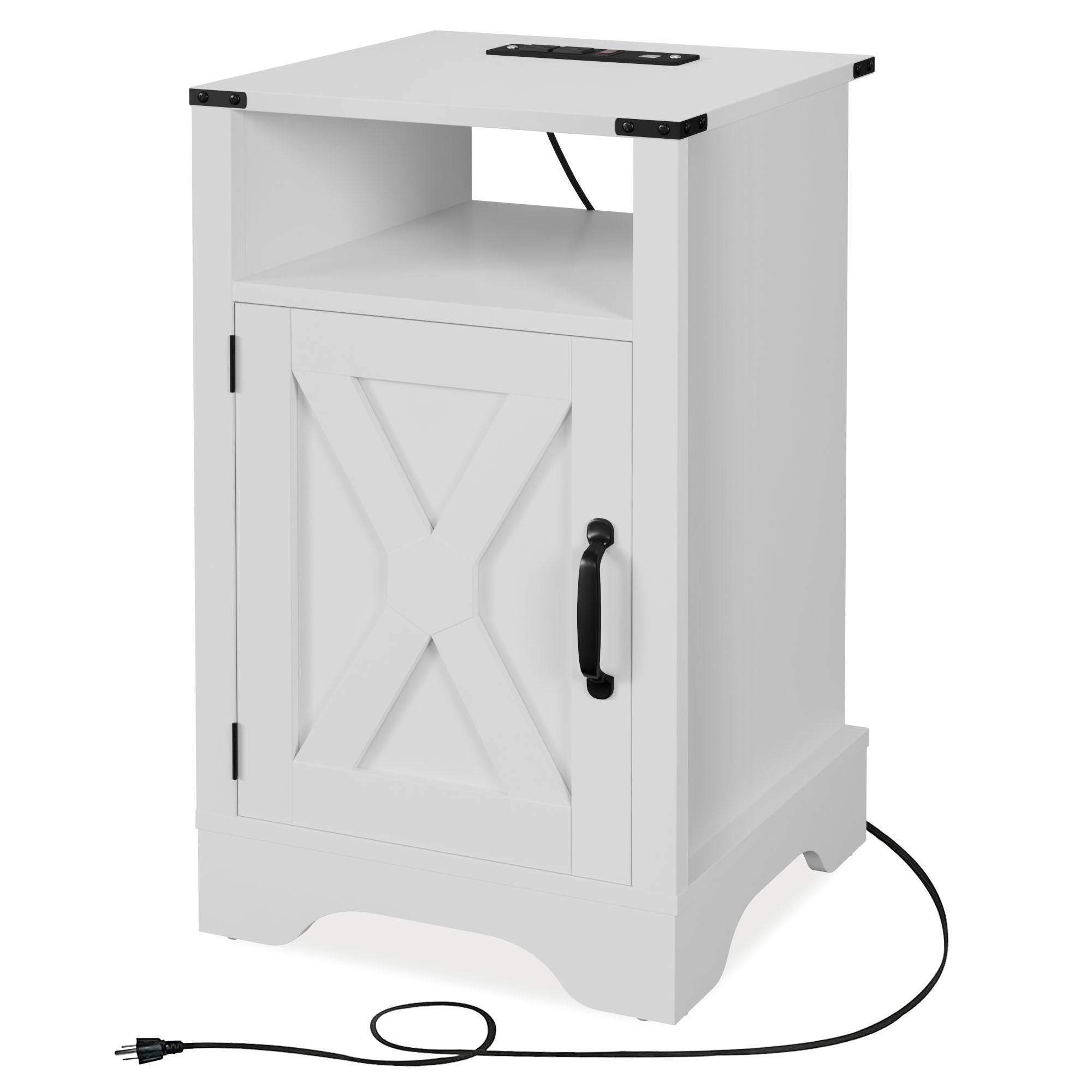 Farmhouse Nightstand Side Table, Wooden Rustic End Table, Tall Bedside Table with Electrical Outlets Charging Station (2 Sets) - White