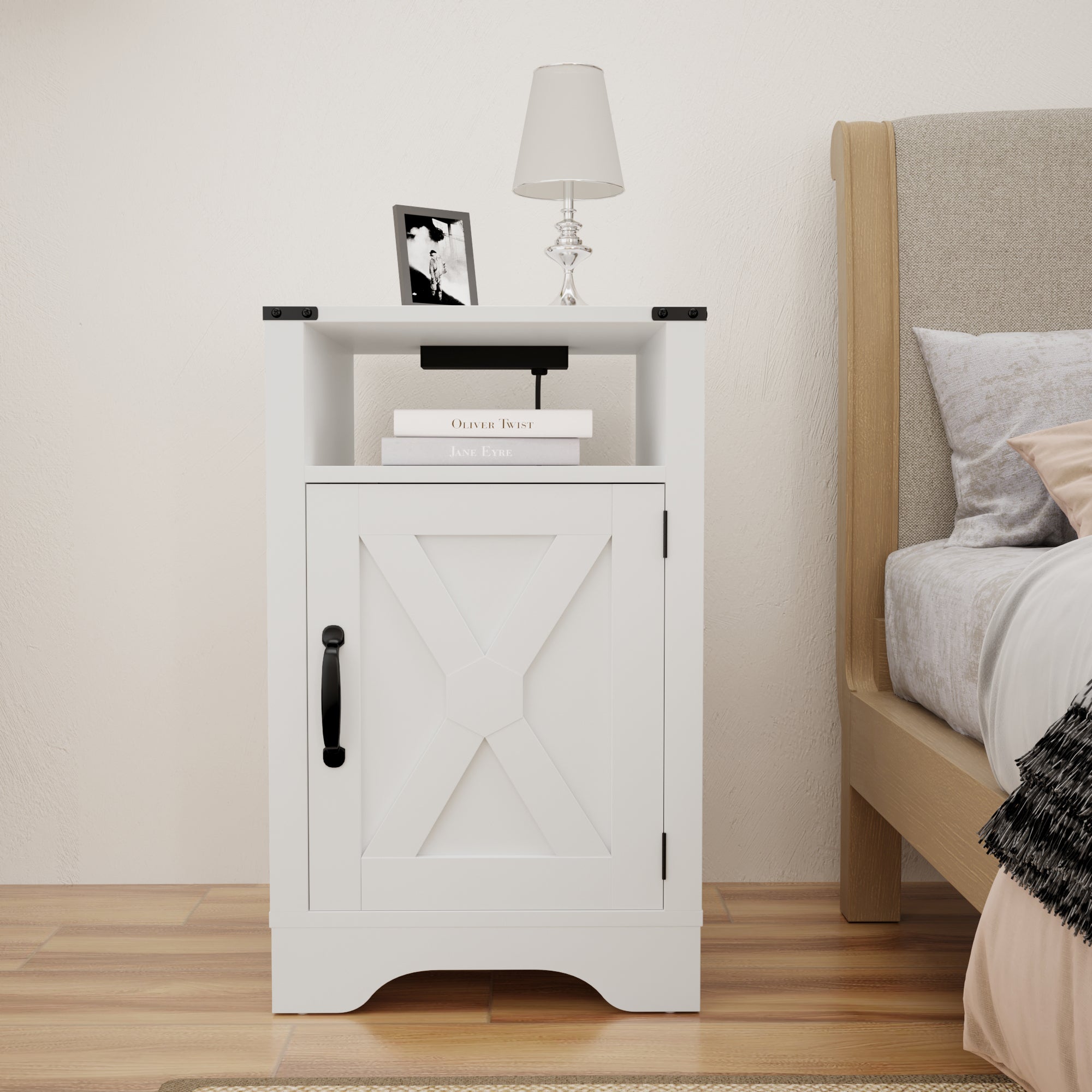 Farmhouse Nightstand Side Table, Wooden Rustic End Table, Tall Bedside Table with Electrical Outlets Charging Station  - White