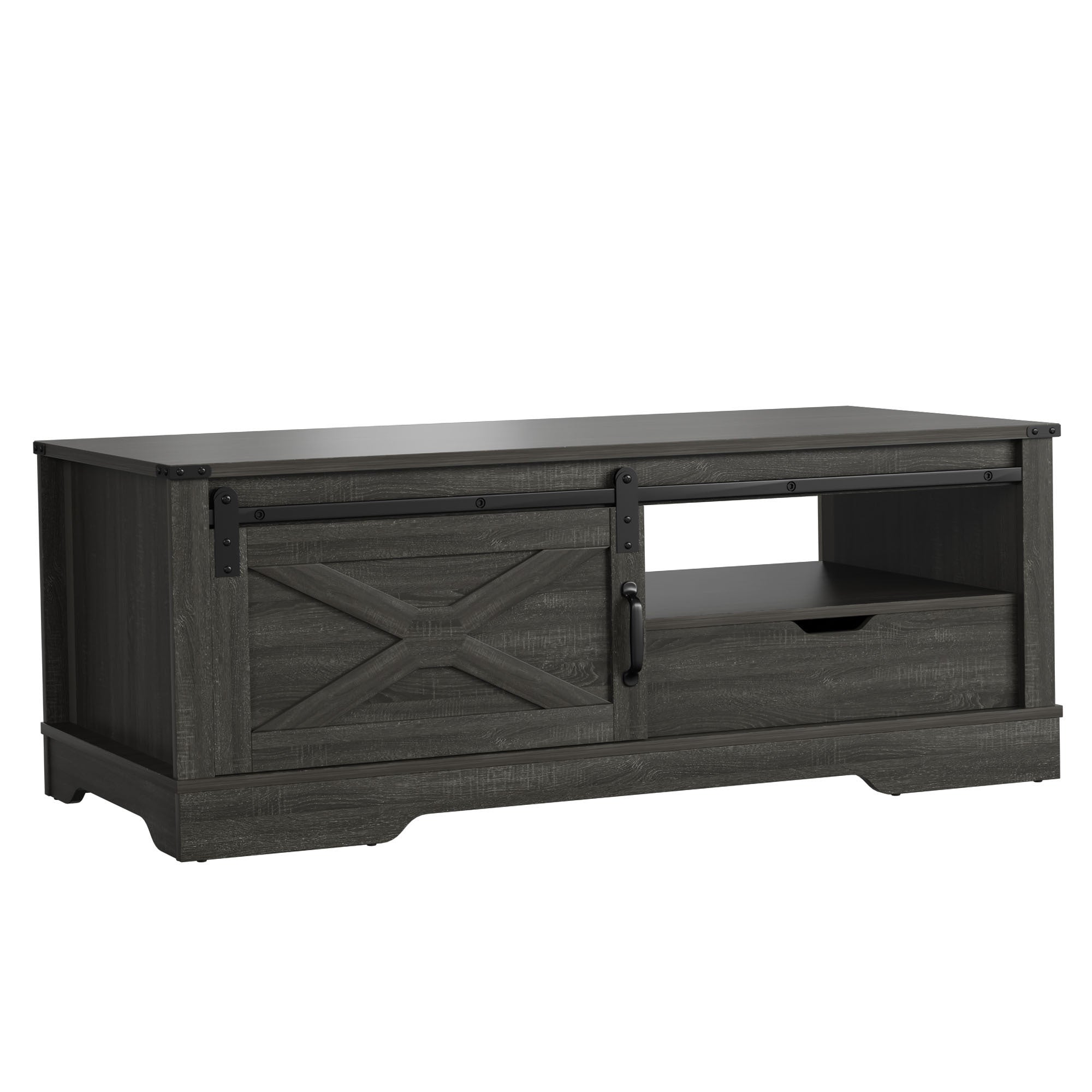 Farmhouse Sliding Barn Door Coffee Storage Large Rectangular Table - Dark Gray