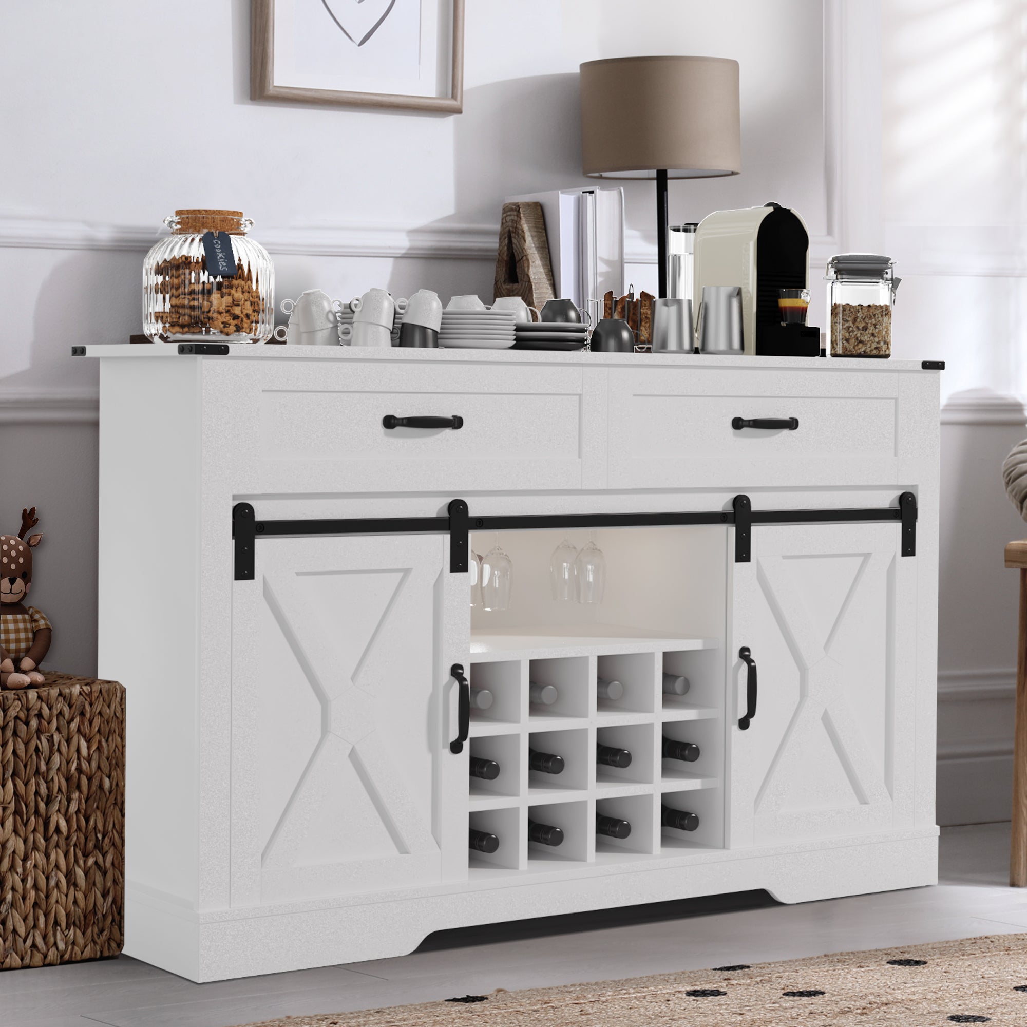 Farmhouse Storage Sideboard Buffet Coffee Bar Cabinet with Sliding Barn Door, 3 Drawers, Wine and Glass Rack  - White & Oak