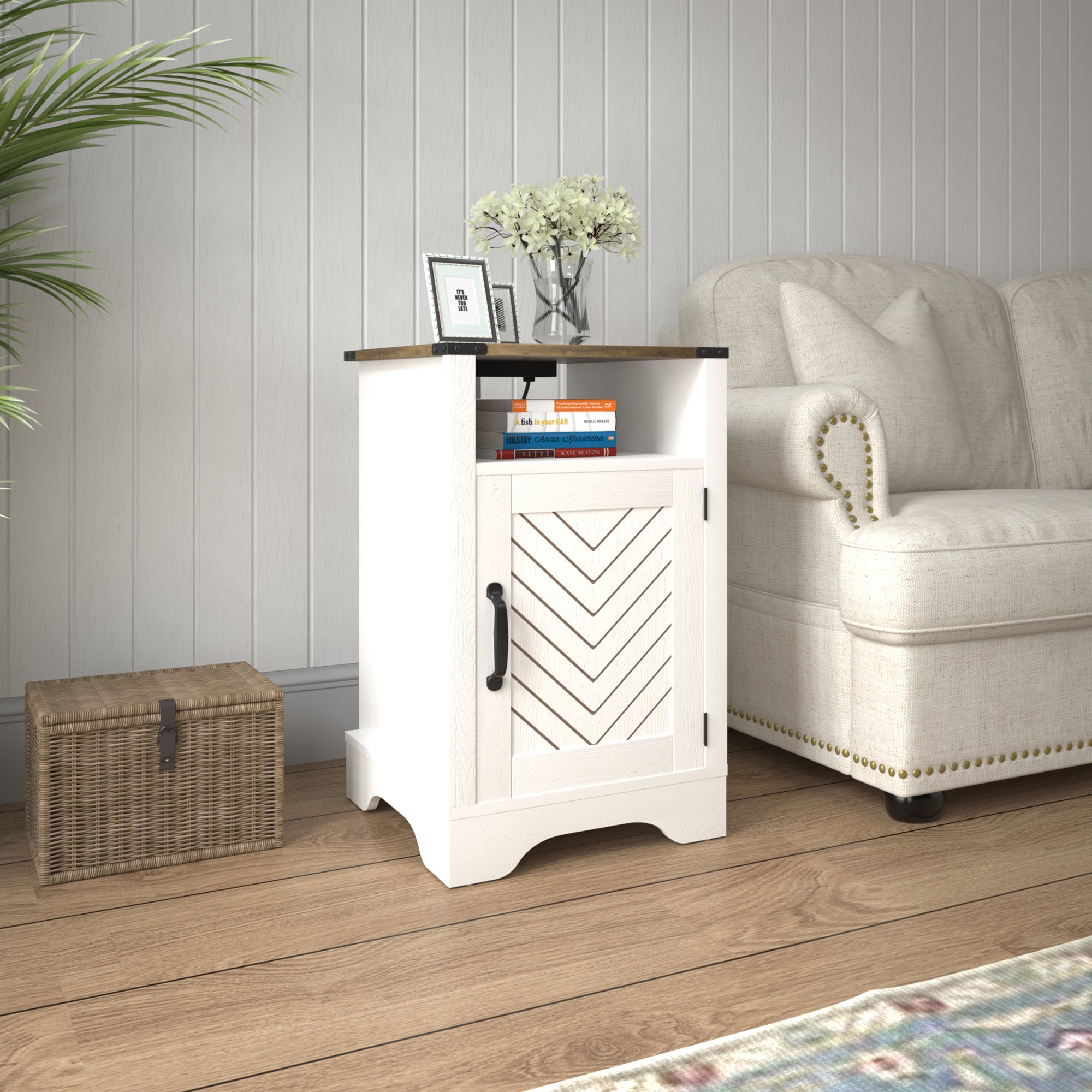 Farmhouse Nightstand Side Table, Wooden Rustic End Table, Tall Bedside Table with Electrical Outlets Charging Station  - White & Oak