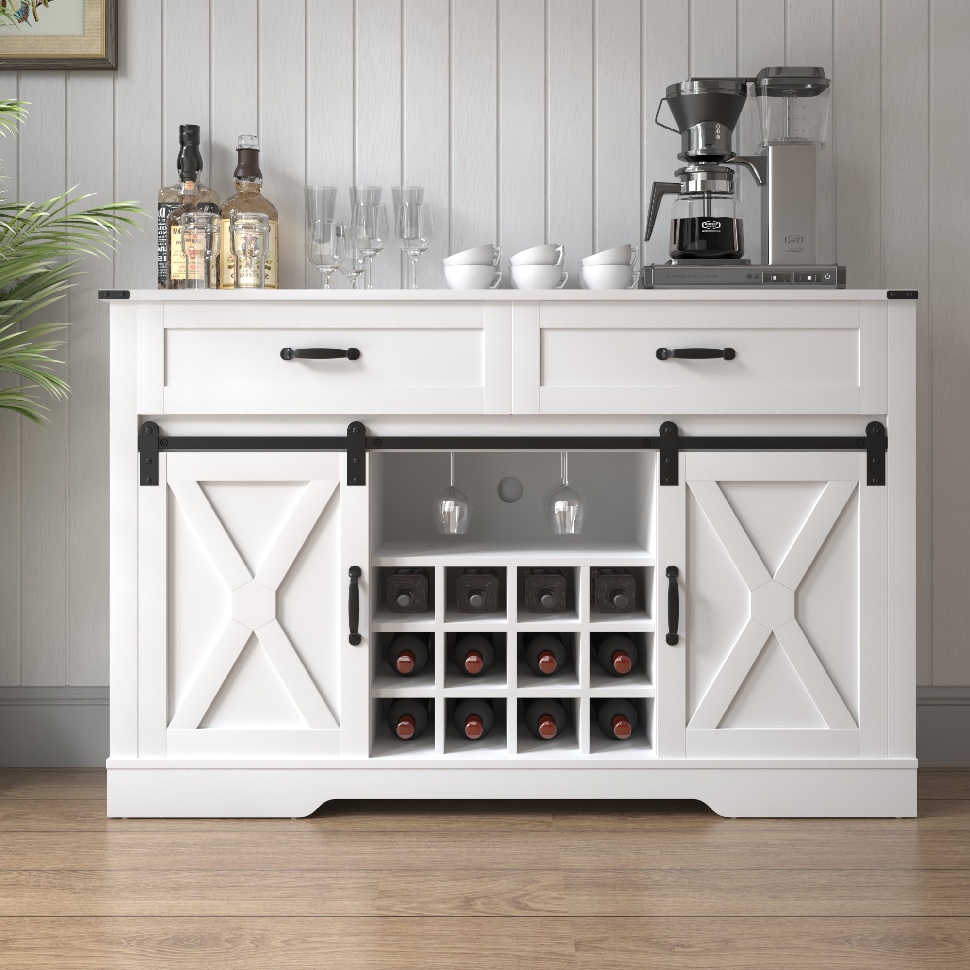 Farmhouse Storage Sideboard Buffet Coffee Bar Cabinet with Sliding Barn Door, 3 Drawers, Wine and Glass Rack  - White