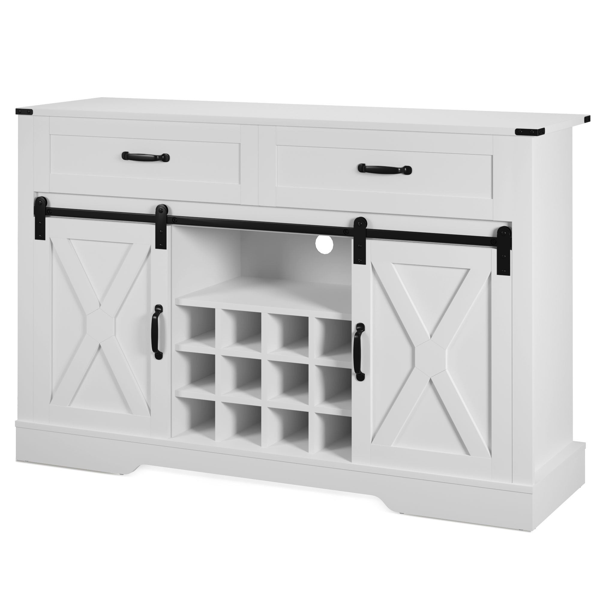 Farmhouse Storage Sideboard Buffet Coffee Bar Cabinet with Sliding Barn Door, 3 Drawers, Wine and Glass Rack  - White