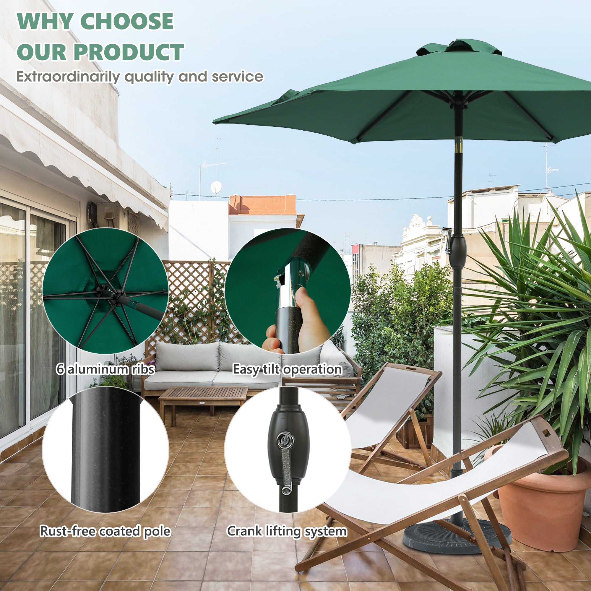 7.5ft * 7.5ft Patio Umbrella with Crank and Push Button Tilt, Outdoor Table Market Umbrella with Aluminum Pole - Dark Green