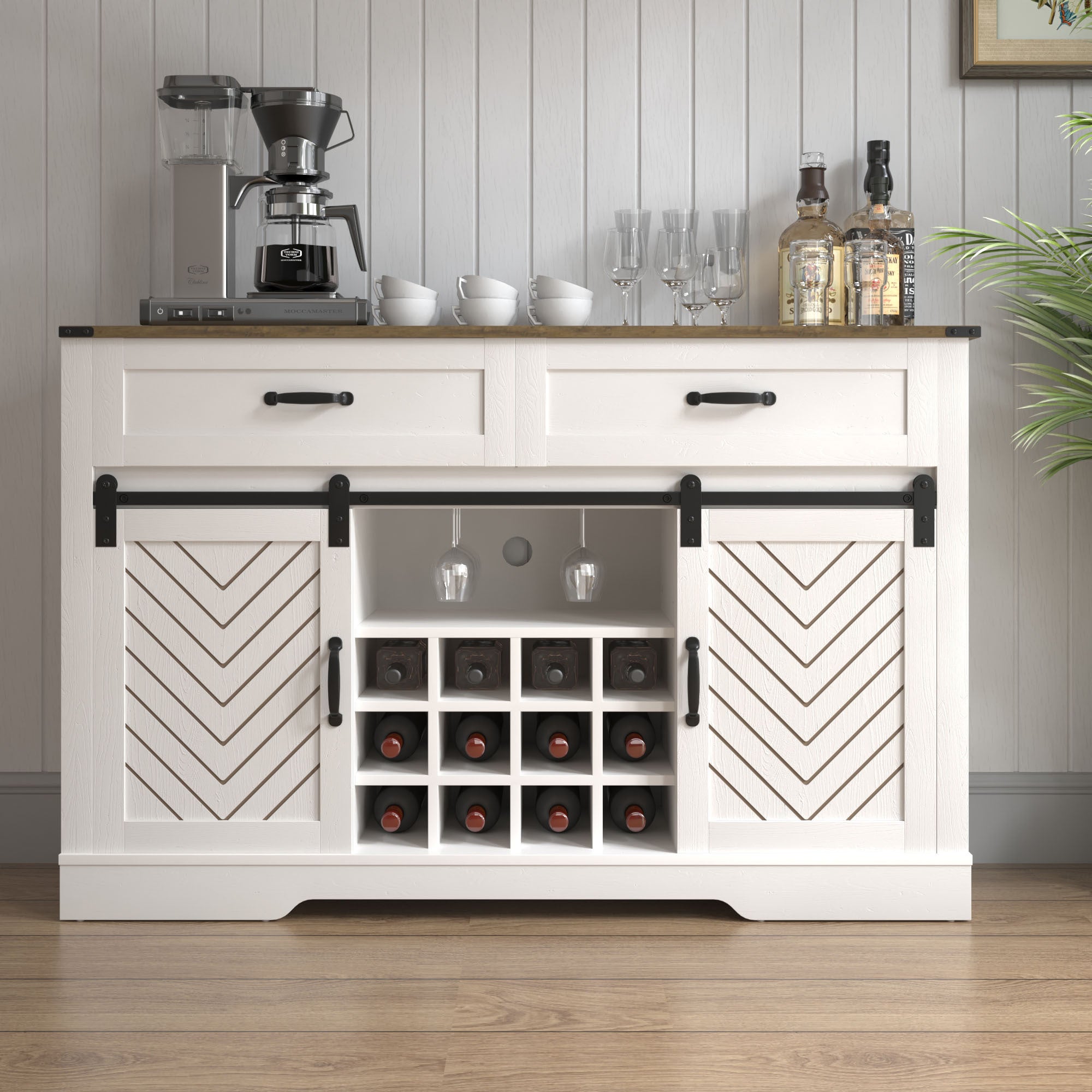 Farmhouse Storage Sideboard Buffet Coffee Bar Cabinet with Sliding Barn Door, 3 Drawers, Wine and Glass Rack  - White & Oak