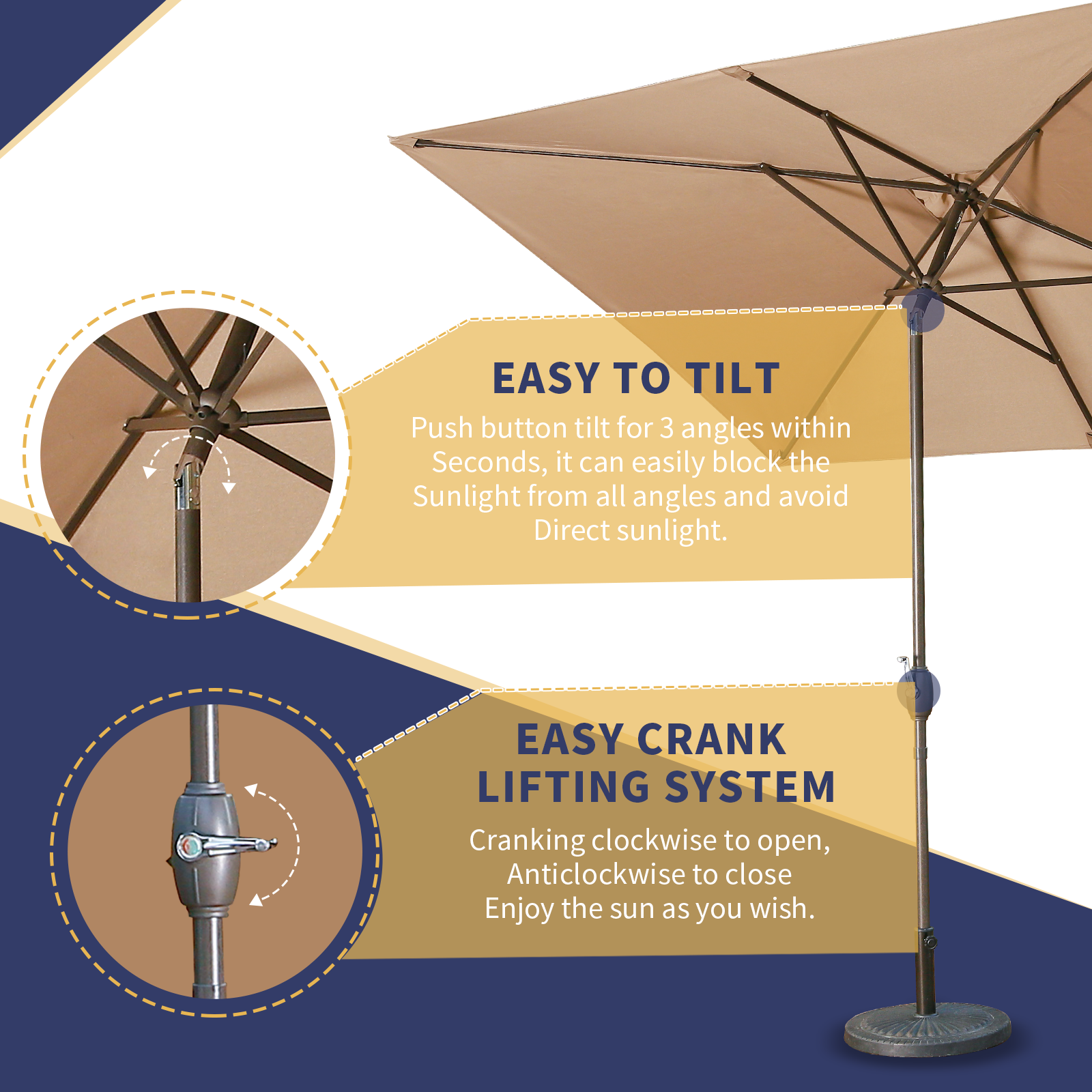 6.5ft * 10ft Rectangular Patio Umbrella with Push Button Tilt & Crank, Outdoor Table Market Umbrella with Aluminum Pole - Khahi