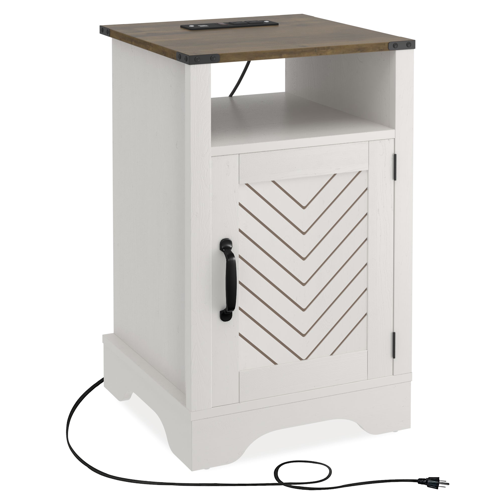 Farmhouse Nightstand Side Table, Wooden Rustic End Table, Tall Bedside Table with Electrical Outlets Charging Station  - White & Oak