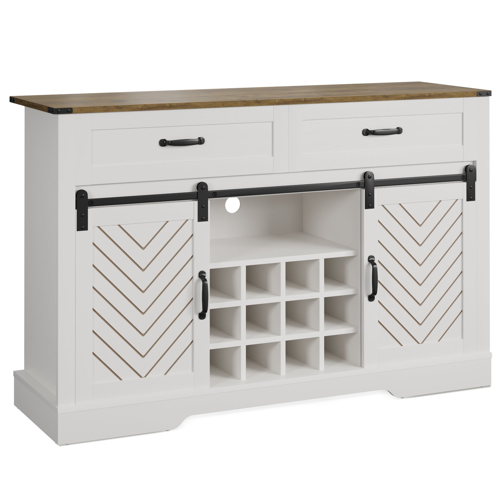 Farmhouse Storage Sideboard Buffet Coffee Bar Cabinet with Sliding Barn Door, 3 Drawers, Wine and Glass Rack  - White & Oak