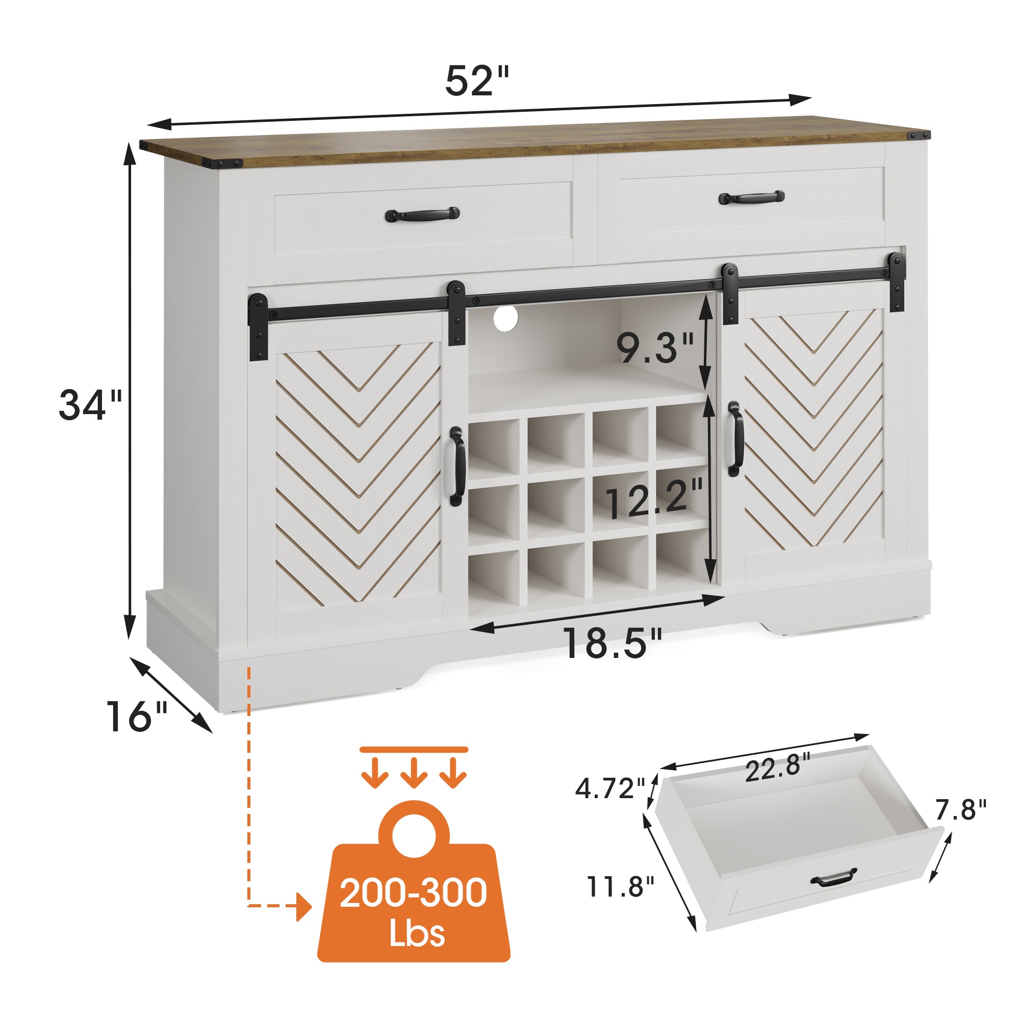 Farmhouse Storage Sideboard Buffet Coffee Bar Cabinet with Sliding Barn Door, 3 Drawers, Wine and Glass Rack  - White & Oak