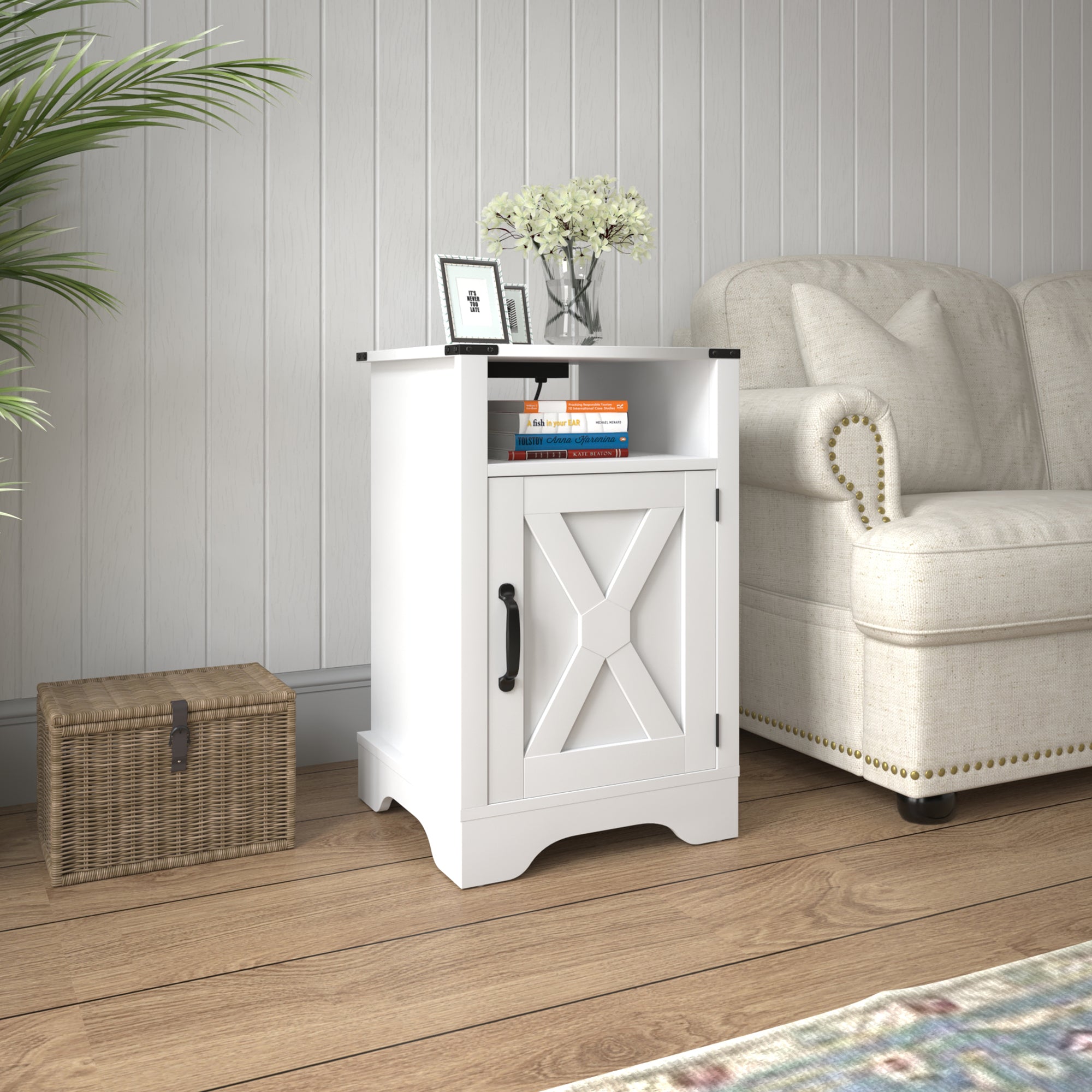 Farmhouse Nightstand Side Table, Wooden Rustic End Table, Tall Bedside Table with Electrical Outlets Charging Station  - White