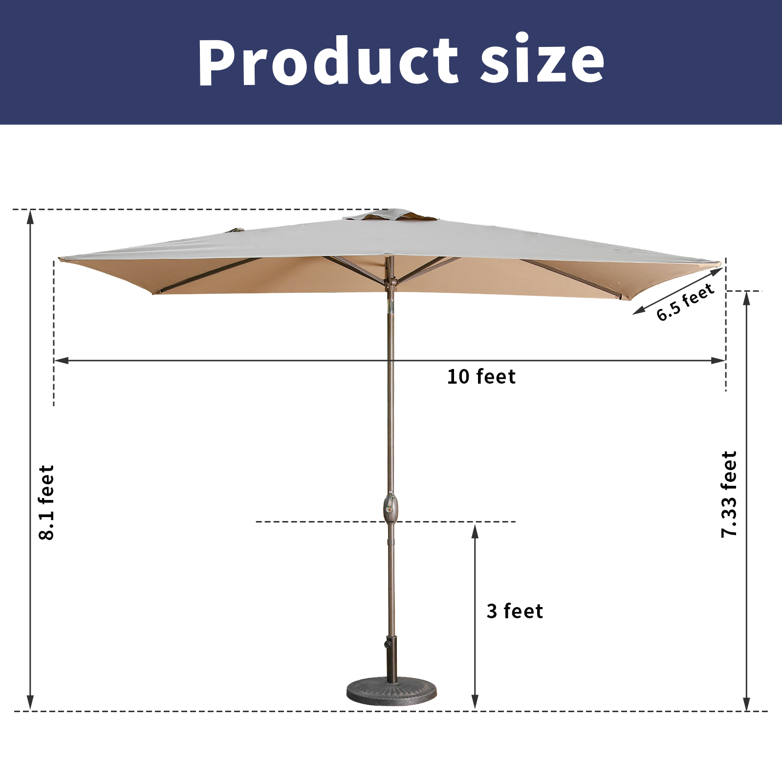 6.5ft * 10ft Rectangular Patio Umbrella with Push Button Tilt & Crank, Outdoor Table Market Umbrella with Aluminum Pole - Khahi