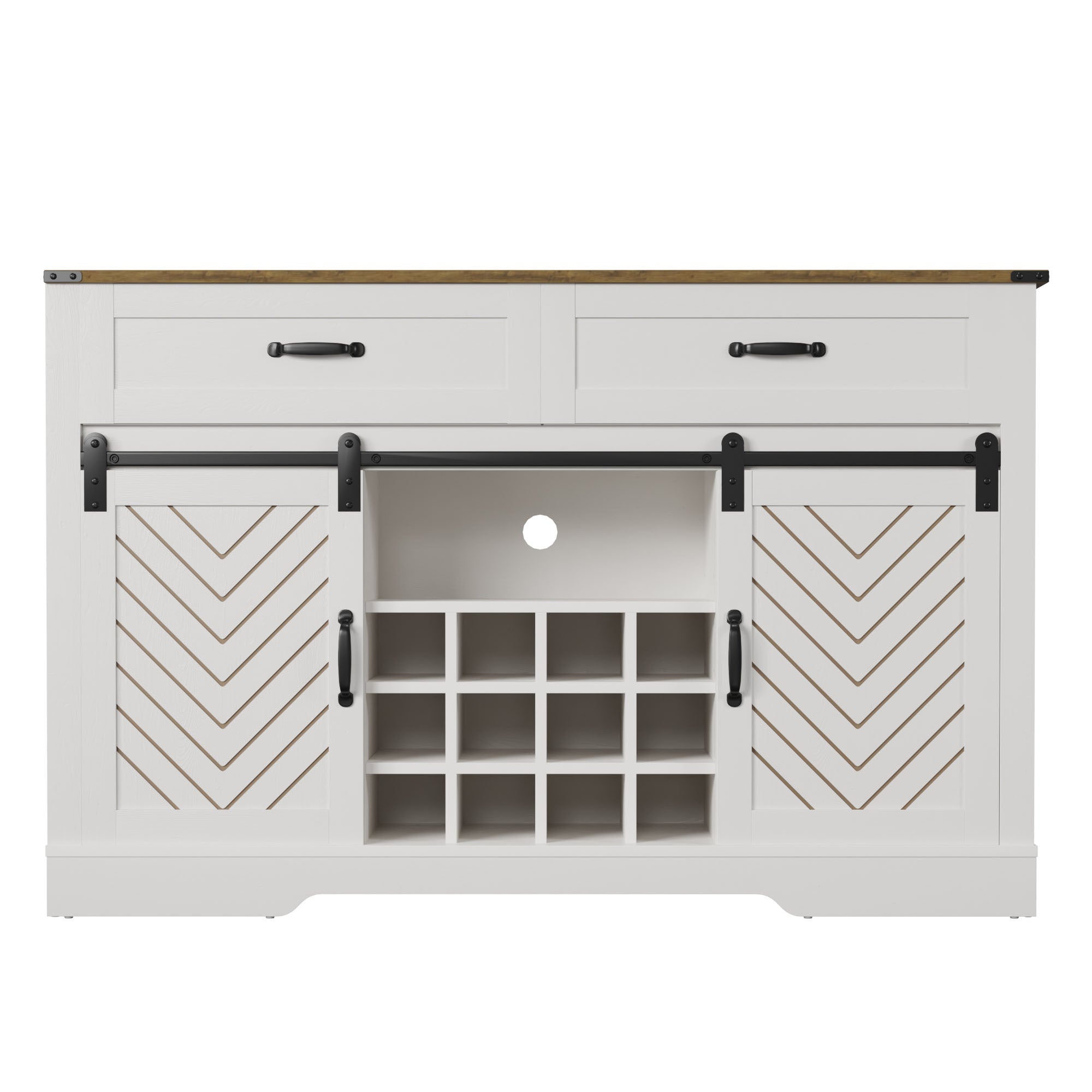 Farmhouse Storage Sideboard Buffet Coffee Bar Cabinet with Sliding Barn Door, 3 Drawers, Wine and Glass Rack  - White & Oak