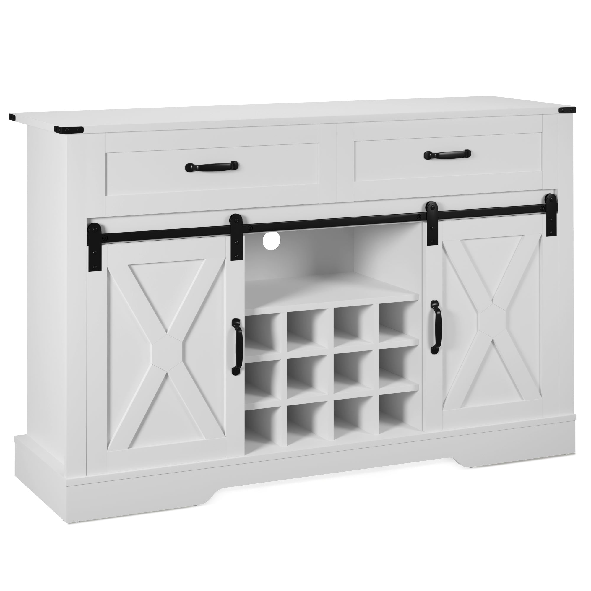 Farmhouse Storage Sideboard Buffet Coffee Bar Cabinet with Sliding Barn Door, 3 Drawers, Wine and Glass Rack  - White