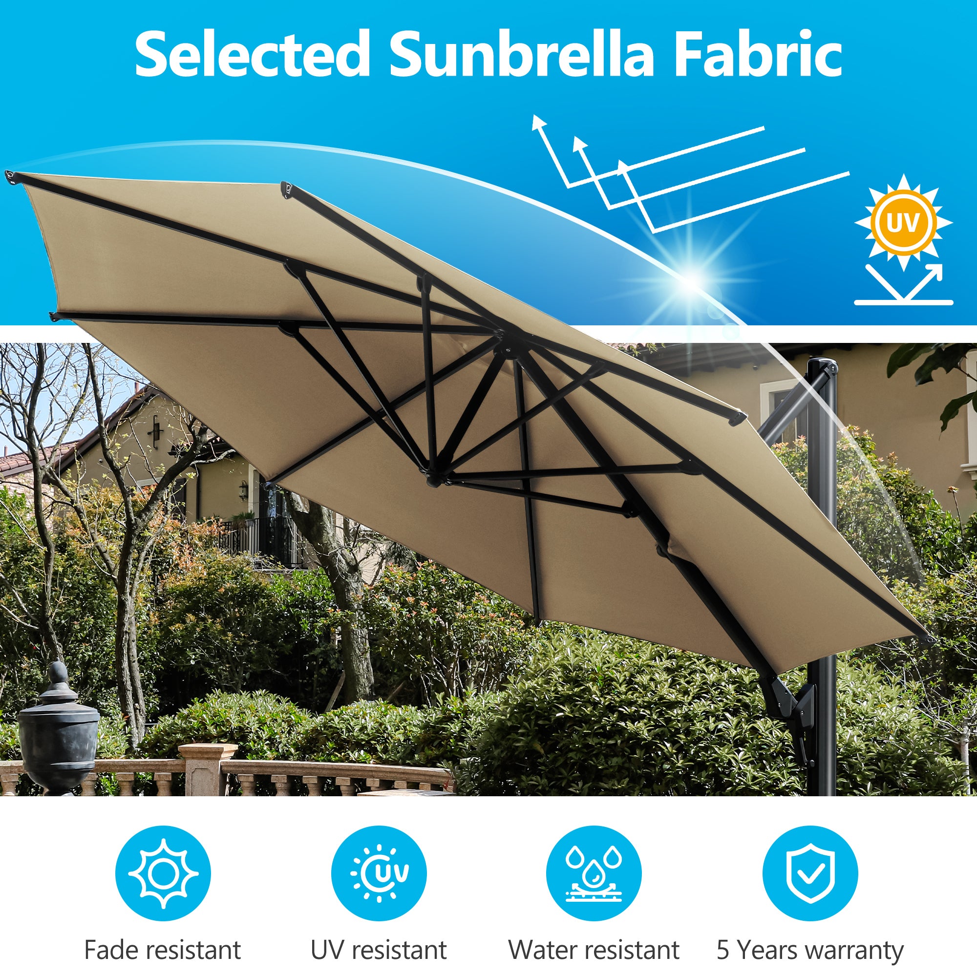 11 FT Cantilever Patio Umbrella, Round Outdoor Offset Umbrella with 360° Rotation & Tilt Adjustment without Base - Khaki