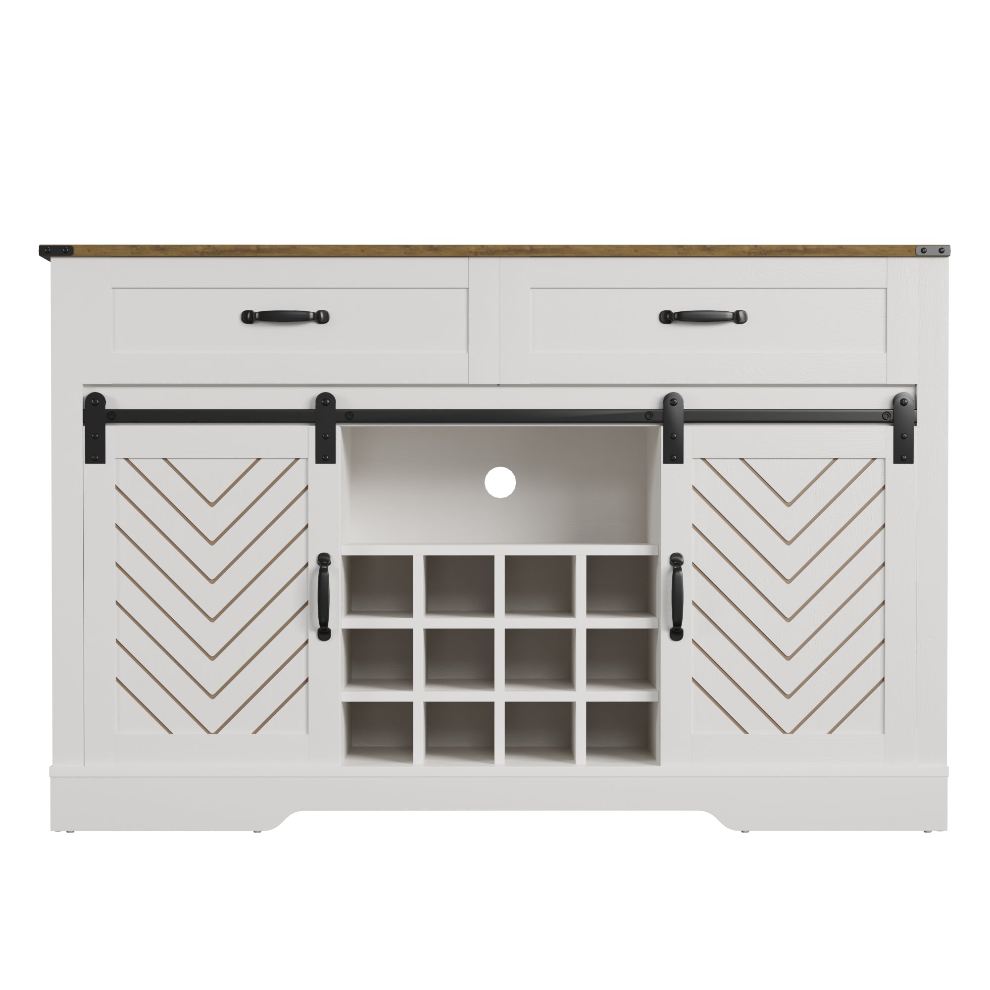 Farmhouse Storage Sideboard Buffet Coffee Bar Cabinet with Sliding Barn Door, 3 Drawers, Wine and Glass Rack  - White & Oak