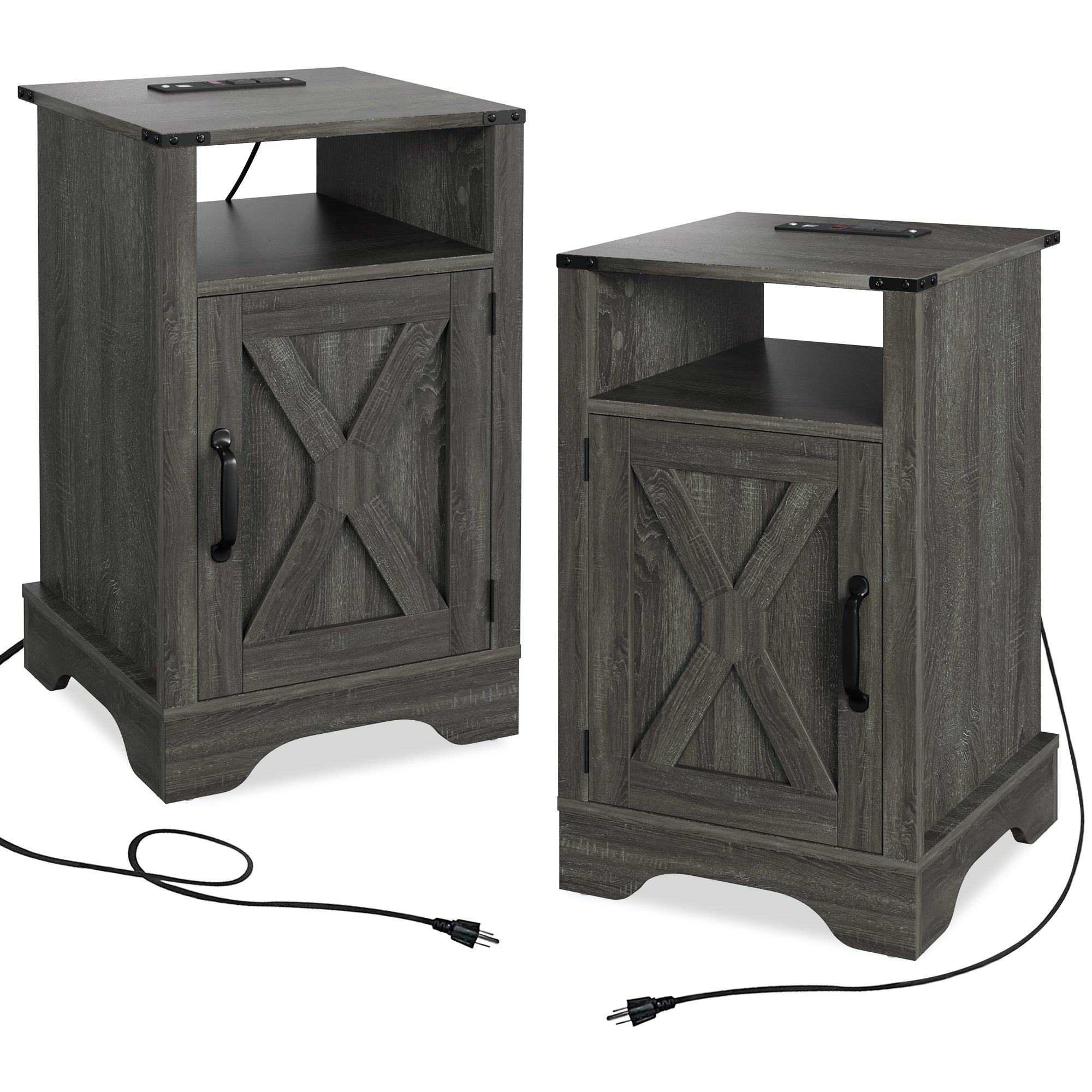 Farmhouse Nightstand Side Table, Wooden Rustic End Table, Tall Bedside Table with Electrical Outlets Charging Station  (2 Sets) - Dark Gray