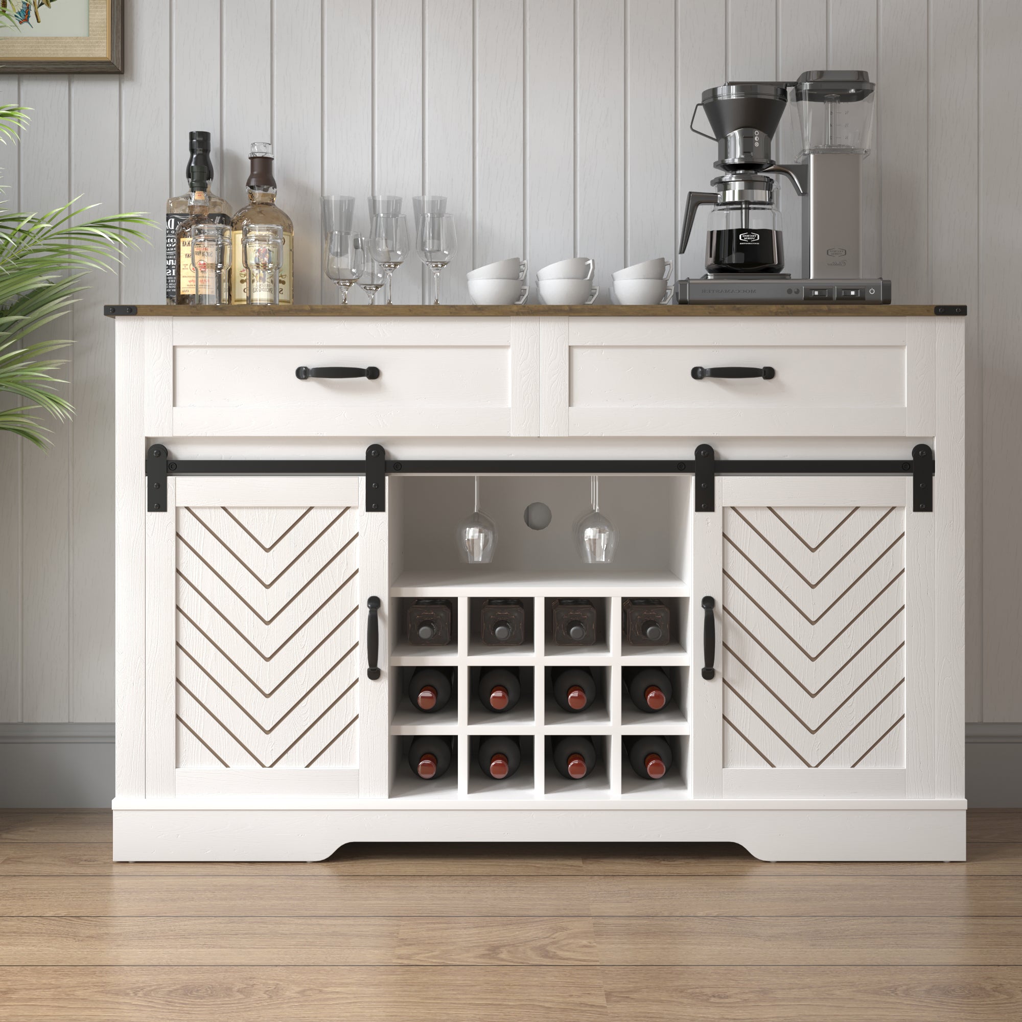 Farmhouse Storage Sideboard Buffet Coffee Bar Cabinet with Sliding Barn Door, 3 Drawers, Wine and Glass Rack  - White & Oak