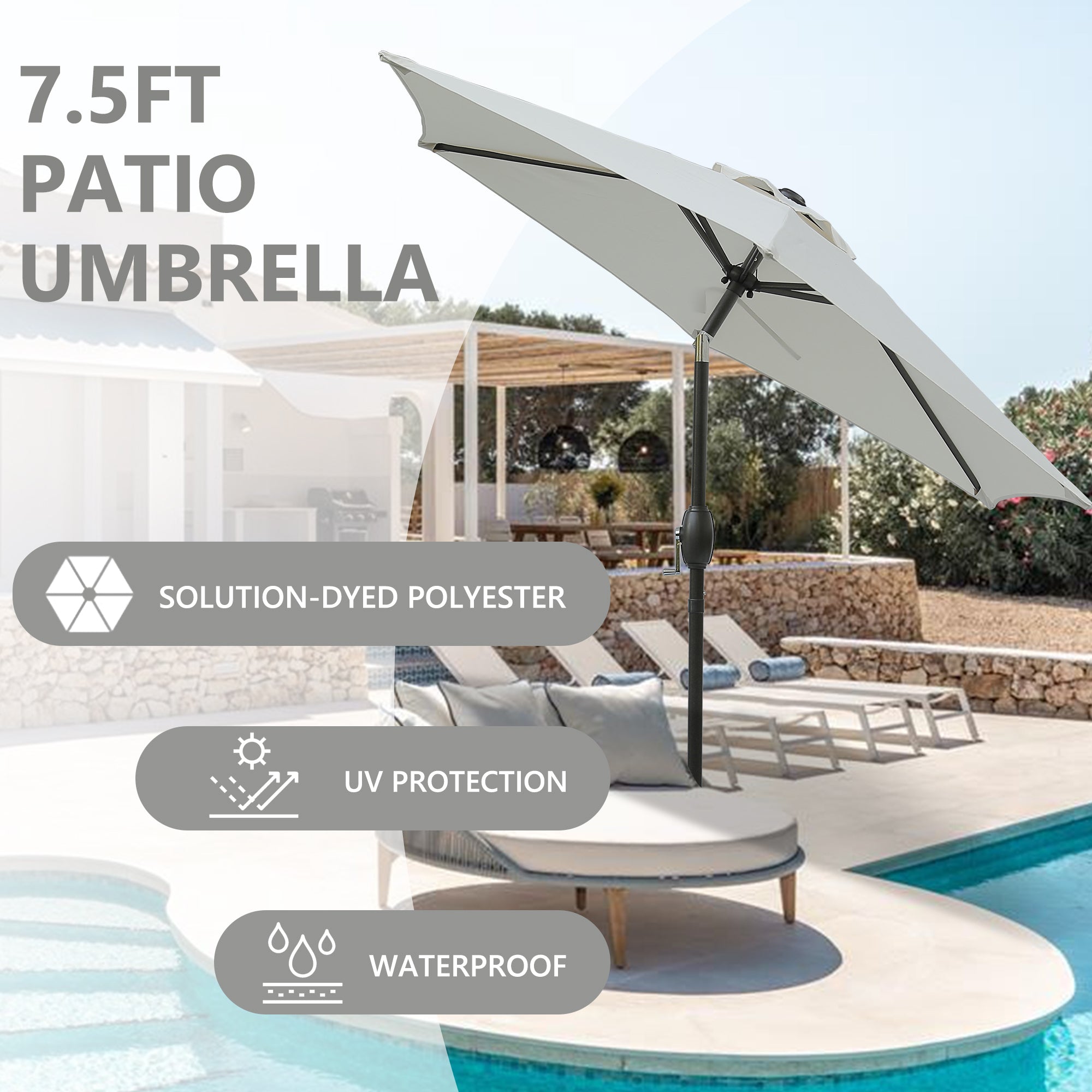 7.5ft * 7.5ft Patio Umbrella with Crank and Push Button Tilt, Outdoor Table Market Umbrella with Aluminum Pole - Grey