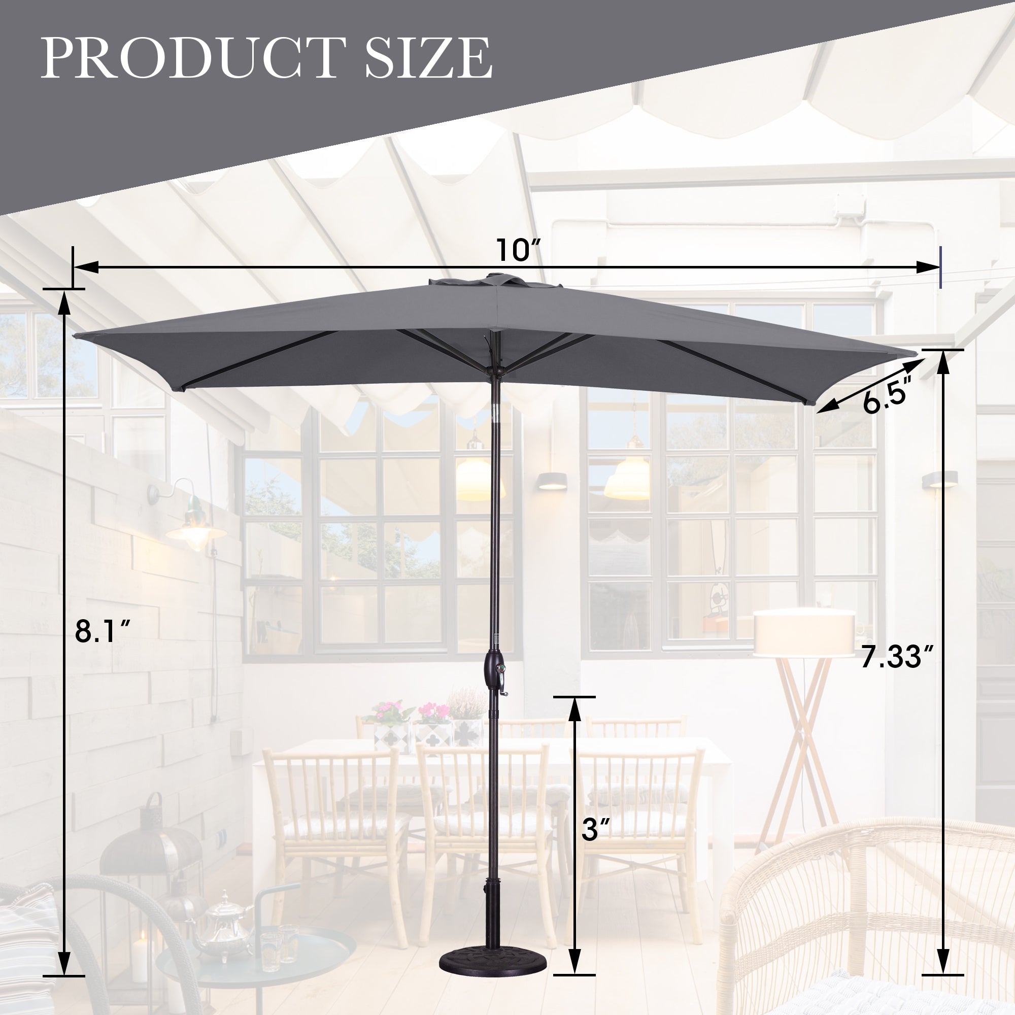 6.5ft * 10ft Rectangular Patio Umbrella with Push Button Tilt & Crank, Outdoor Table Market Umbrella with Aluminum Pole - Grey