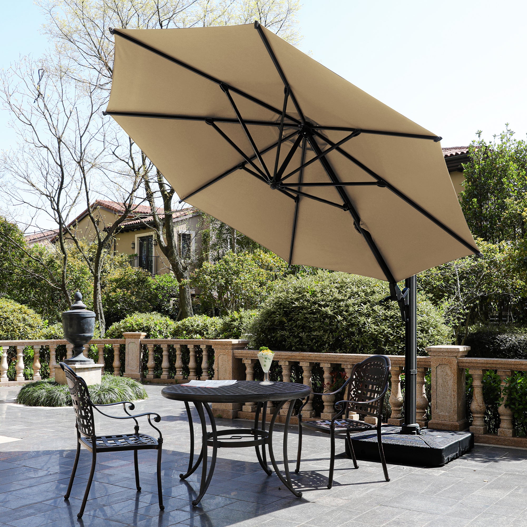 11 FT Cantilever Patio Umbrella, Round Outdoor Offset Umbrella with 360° Rotation & Tilt Adjustment without Base - Khaki