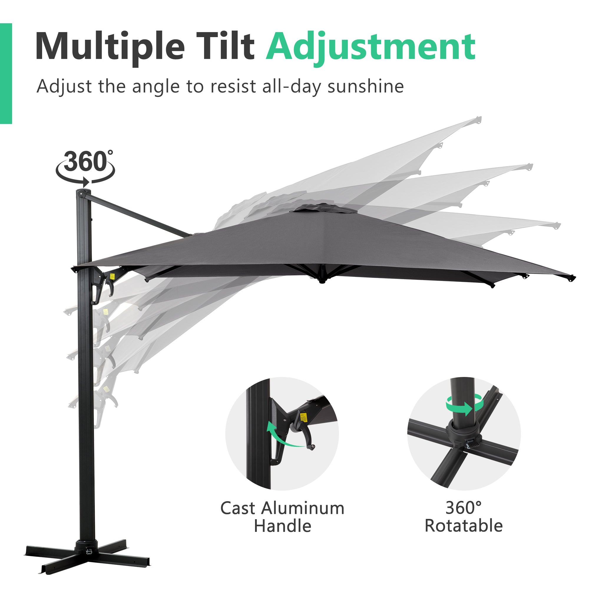 10 FT Cantilever Patio Umbrella with 360° Rotation & Tilt Adjustment, Square Outdoor Offset Umbrella with Aluminum Pole - Grey