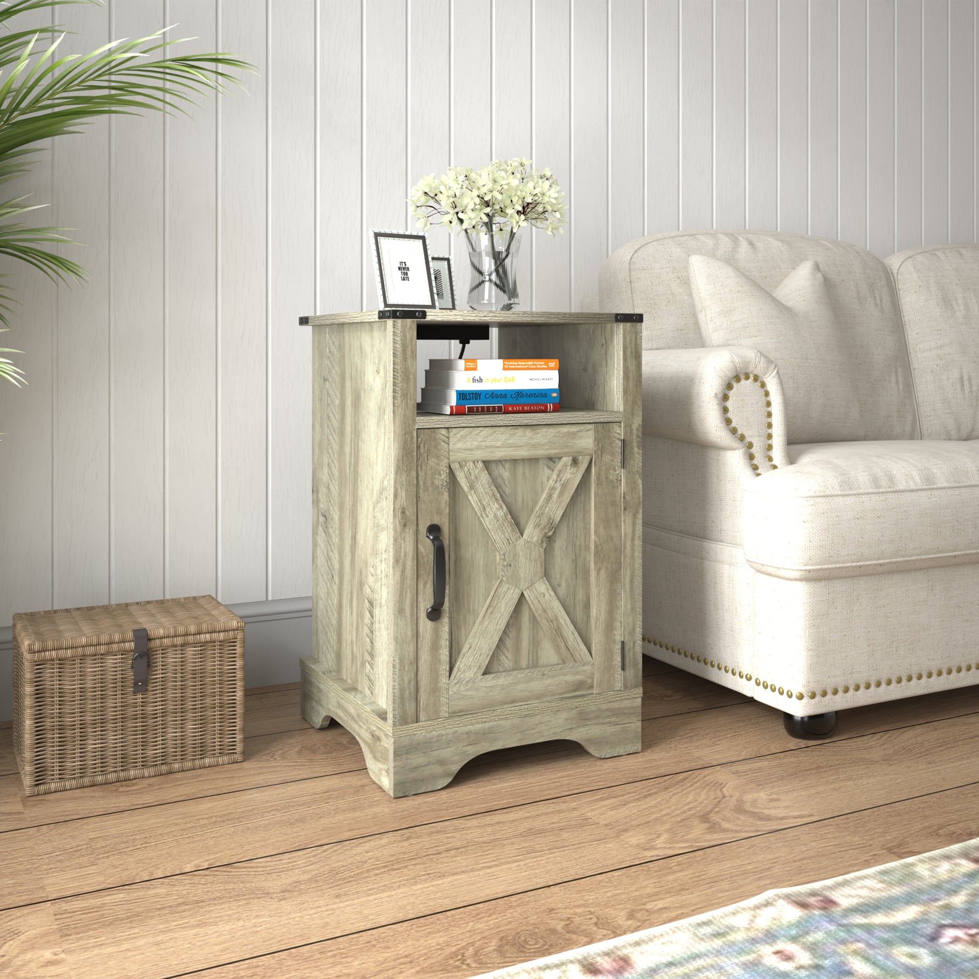 Farmhouse Nightstand Side Table, Wooden Rustic End Table, Tall Bedside Table with Electrical Outlets Charging Station  - Light Grey