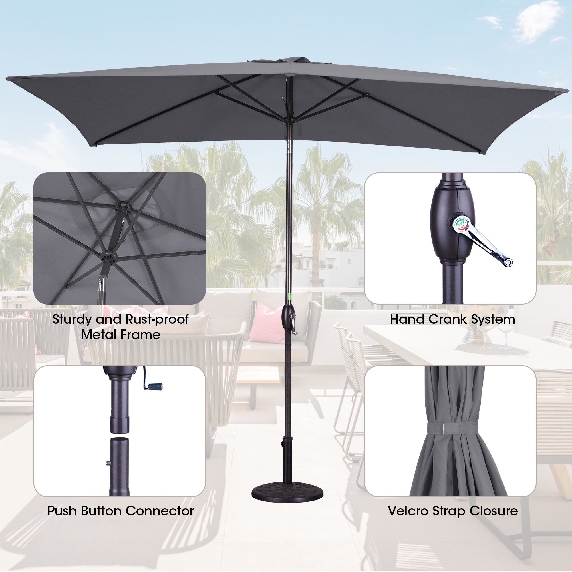 6.5ft * 10ft Rectangular Patio Umbrella with Push Button Tilt & Crank, Outdoor Table Market Umbrella with Aluminum Pole - Grey