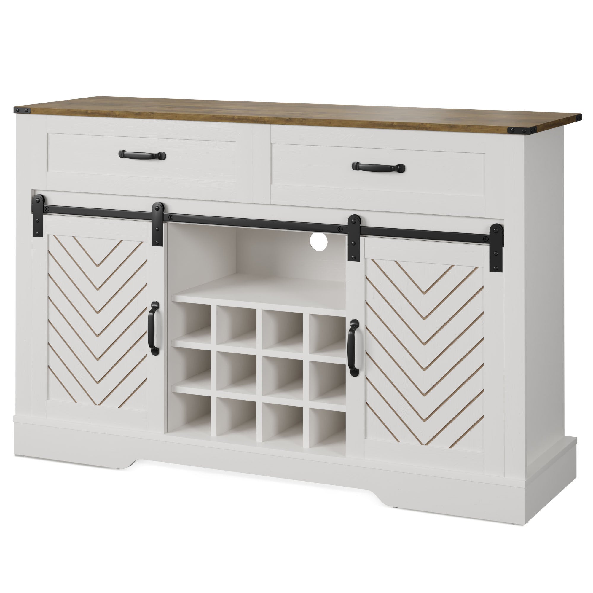 Farmhouse Storage Sideboard Buffet Coffee Bar Cabinet with Sliding Barn Door, 3 Drawers, Wine and Glass Rack  - White & Oak