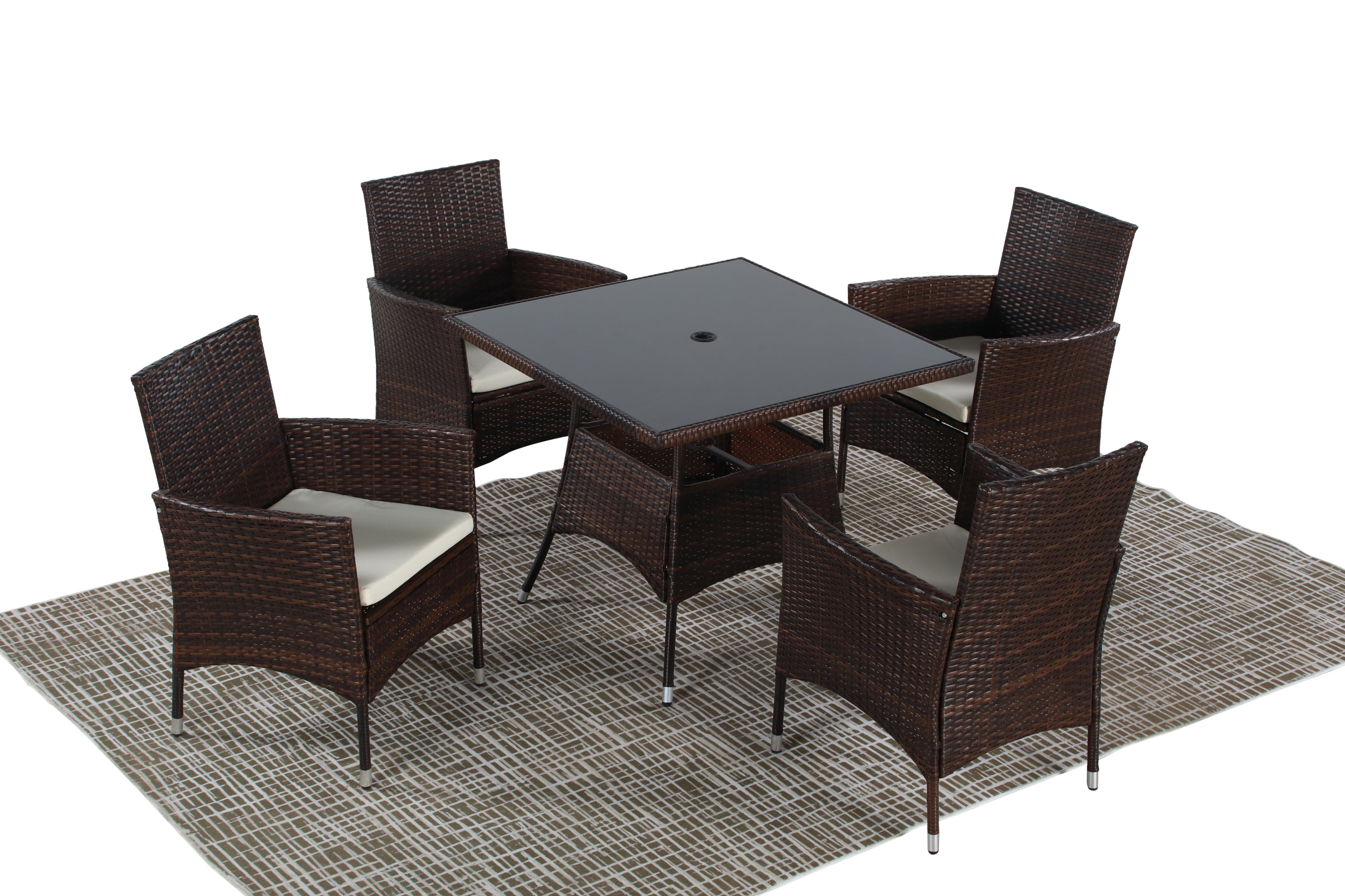 5-Pieces PE Rattan Wicker and Metal Patio Dining Set with Beige Cushions