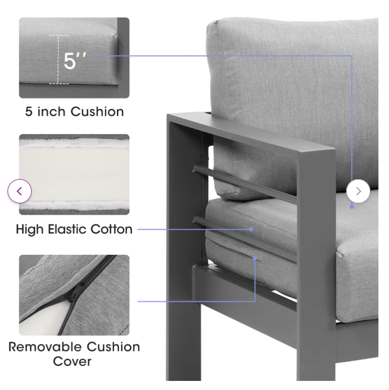 3-Pieces Outdoor All-Weather Conversation Set , Sectional Sofa,  Corner Sofas, Grey Aluminum with Dark Grey Cushions