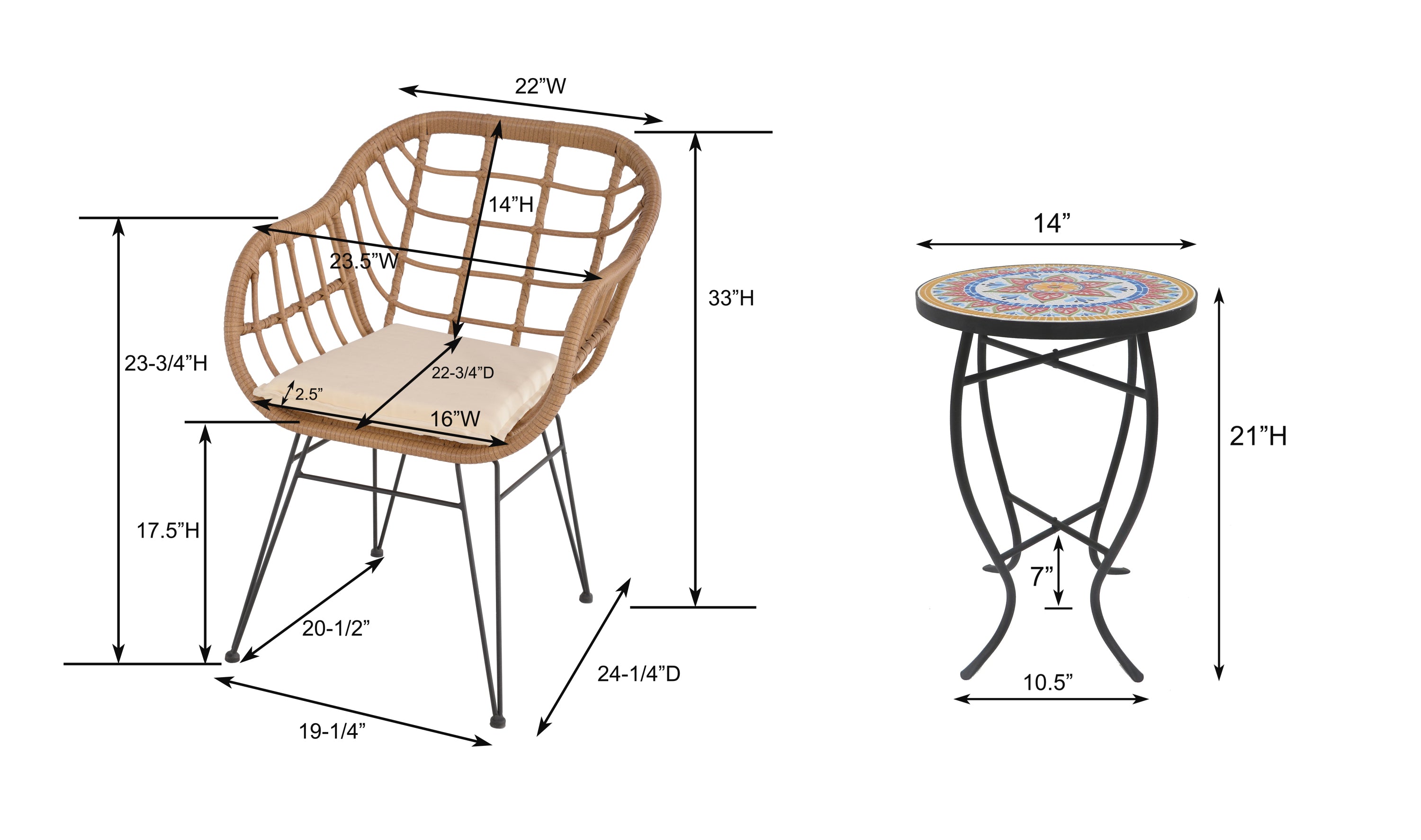 3 Pieces Outdoor Conversation Set, Patio Bistro Sets with 2 PE Wicker Chairs and Coffee Table for  Backyard