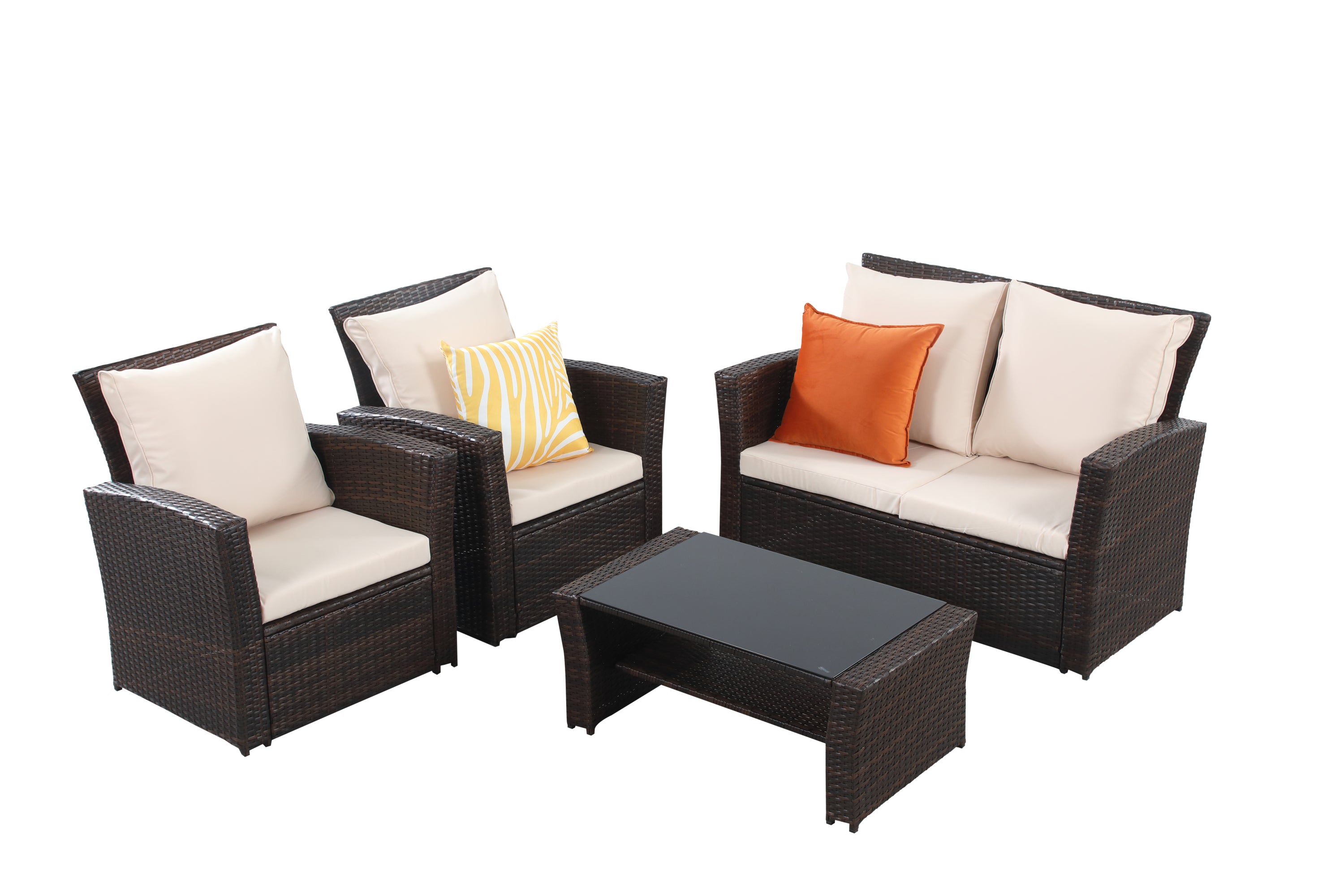 4-Pieces Outdoor Patio Furniture Set  PE Rattan Wicker with Brown