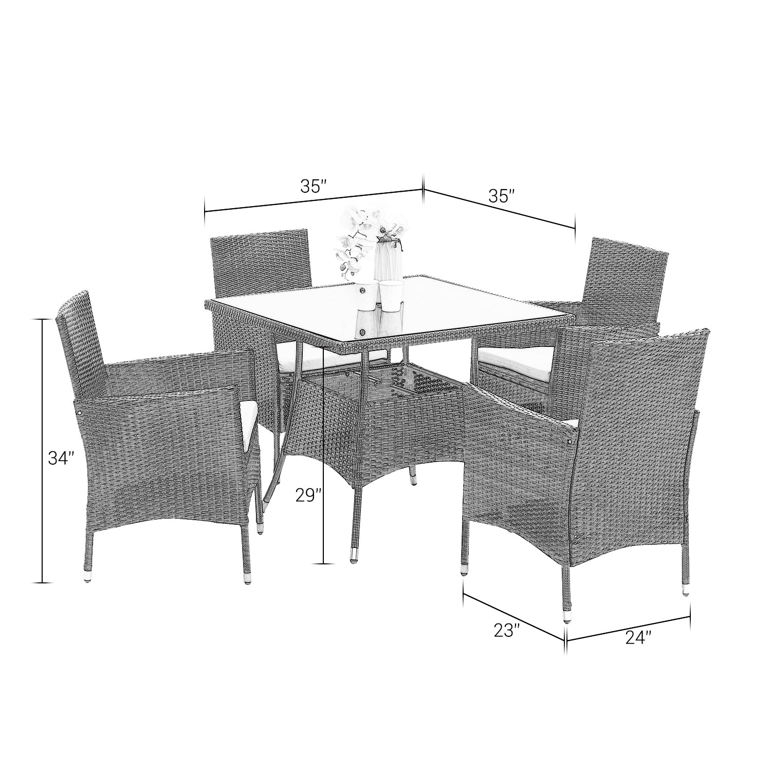 5-Pieces PE Rattan Wicker and Metal Patio Dining Set with Beige Cushions