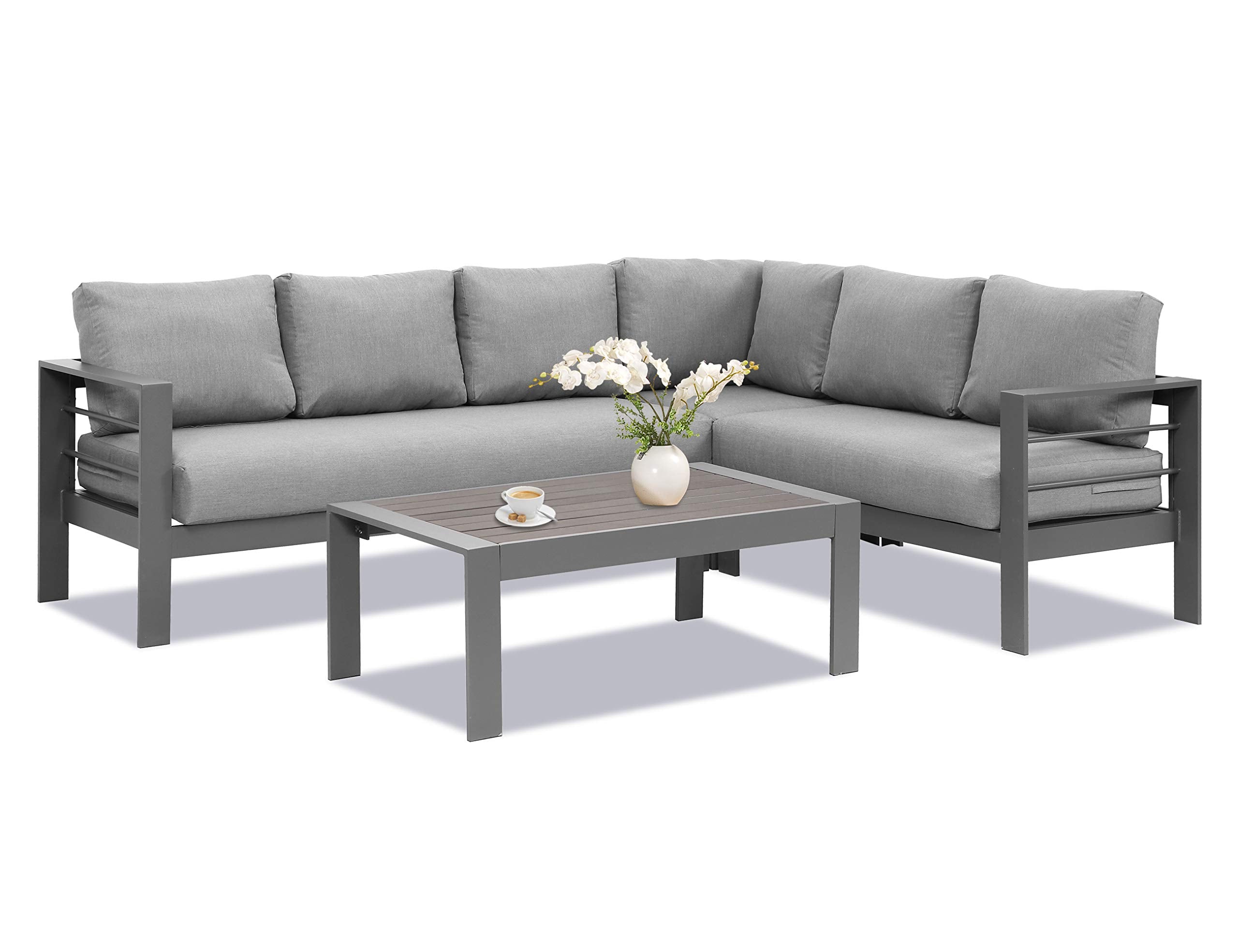 3-Pieces Outdoor All-Weather Conversation Set , Sectional Sofa,  Corner Sofas, Grey Aluminum with Dark Grey Cushions