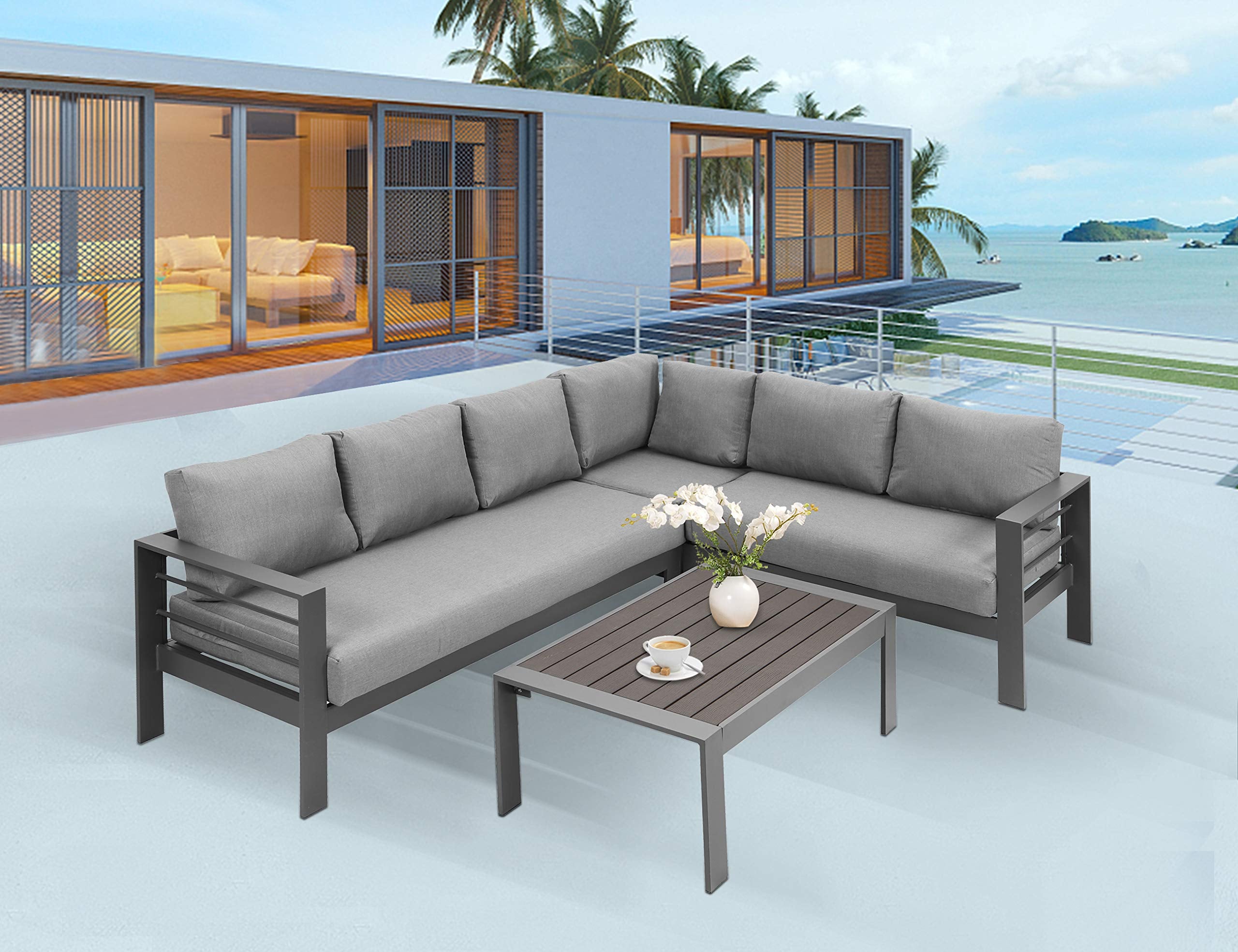 3-Pieces Outdoor All-Weather Conversation Set , Sectional Sofa,  Corner Sofas, Grey Aluminum with Dark Grey Cushions