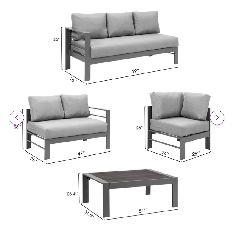 3-Pieces Outdoor All-Weather Conversation Set , Sectional Sofa,  Corner Sofas, Grey Aluminum with Dark Grey Cushions