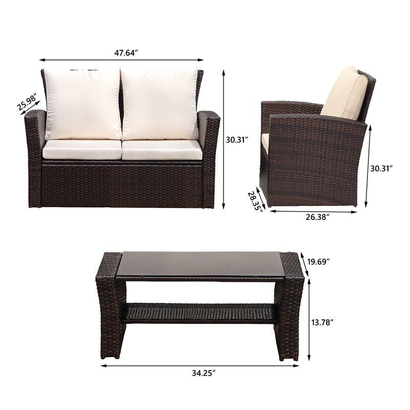 4-Pieces Outdoor Patio Furniture Set  PE Rattan Wicker with Brown